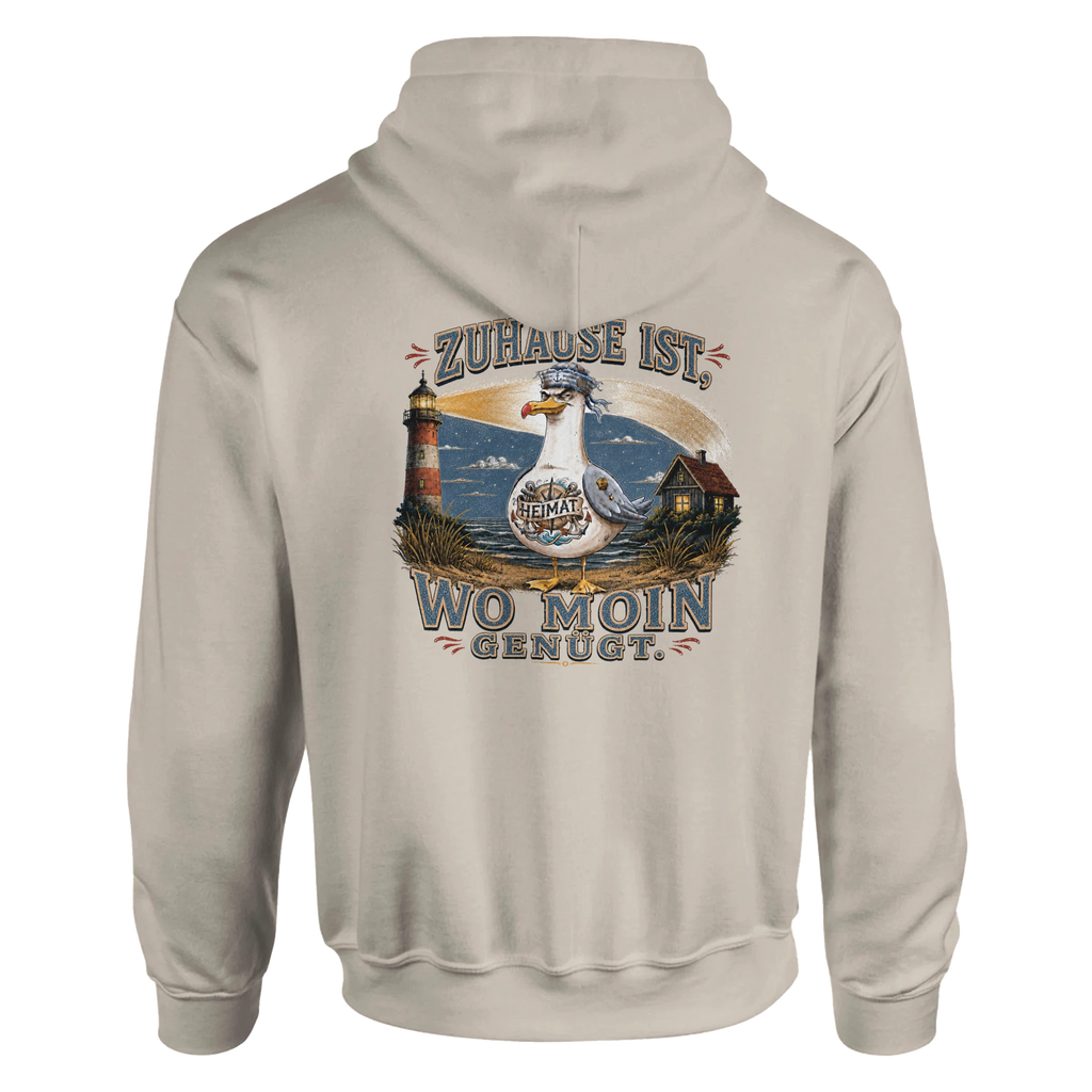Hoodie in Weiß mit Motiv „Zuhause ist, wo Moin genügt. Möwe“