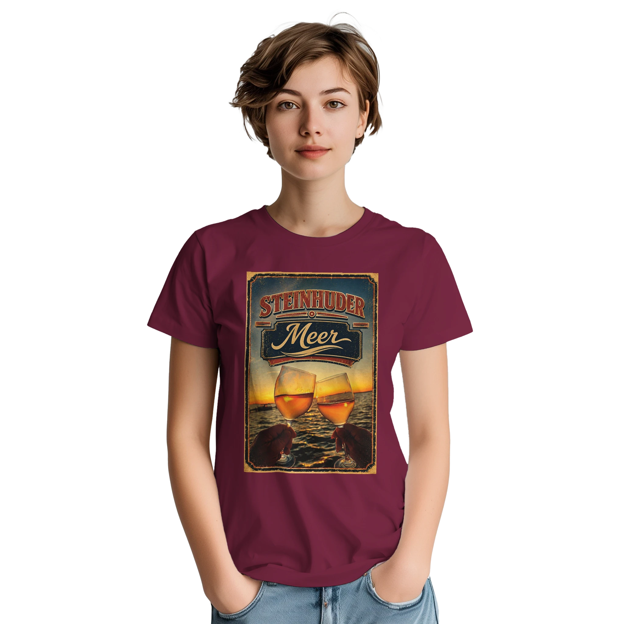 T-Shirt in Sand mit Motiv „Stößchen bei Sunset“