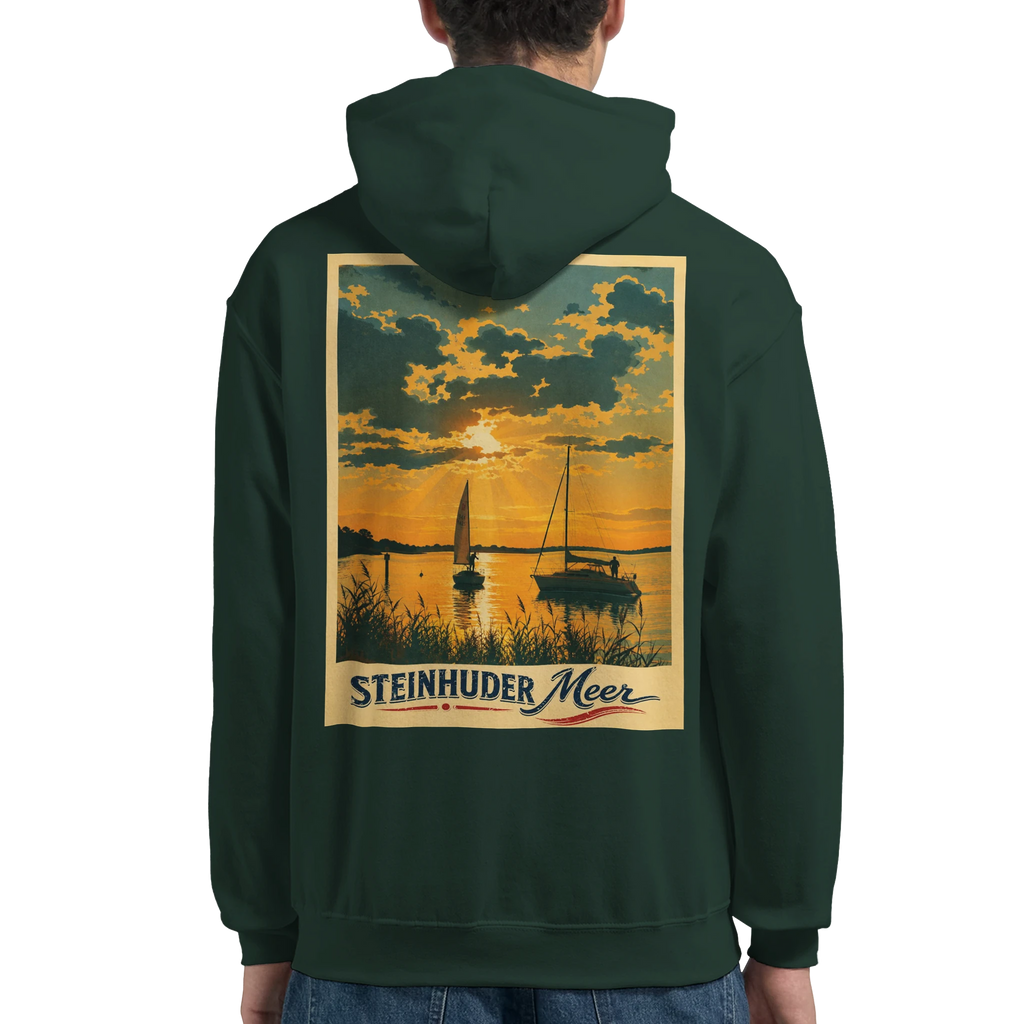 Hoodie in Aschgrau mit Motiv „Segler am Steinhuder Meer beim Sunset“