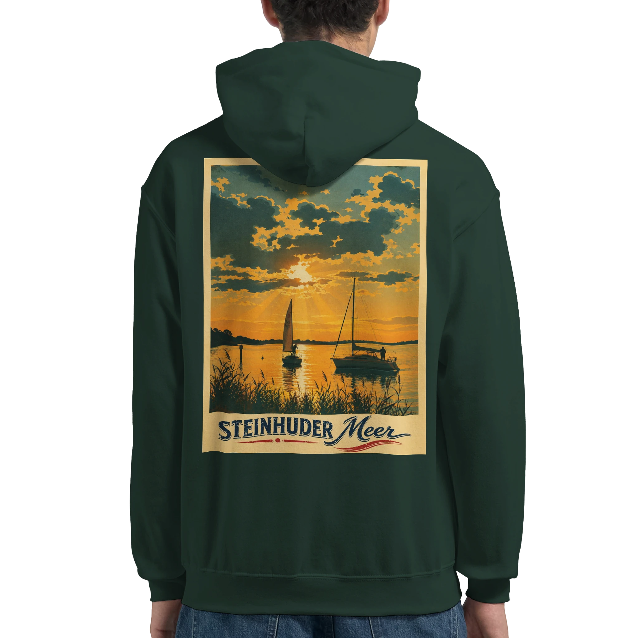 Hoodie in Aschgrau mit Motiv „Segler am Steinhuder Meer beim Sunset“