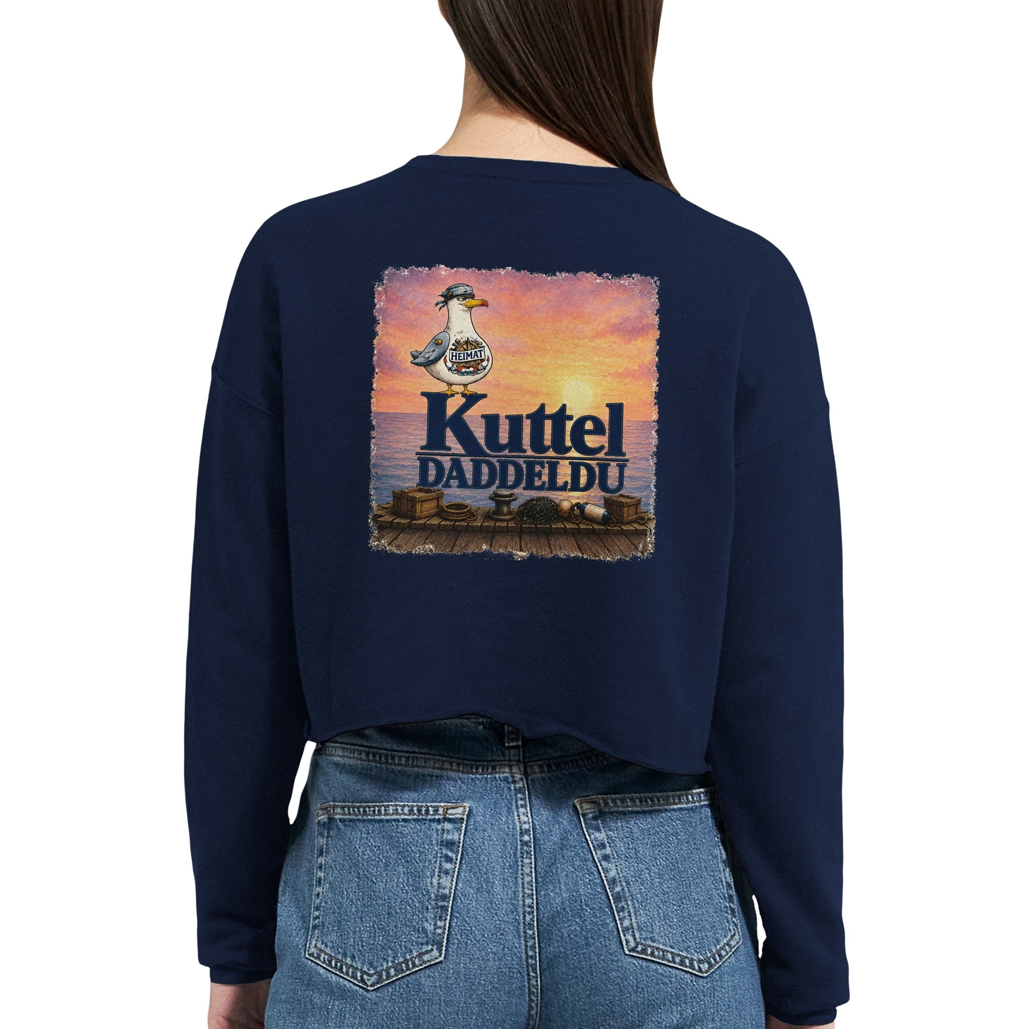 Damen-Pullover in Staubblau mit Motiv „Kuttel Daddeldu“