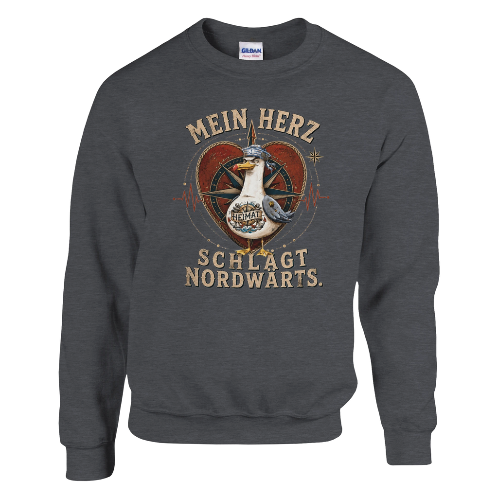 Pullover in Weiß mit Motiv „Mein Herz schlägt NORDWÄRTS. Möwe“