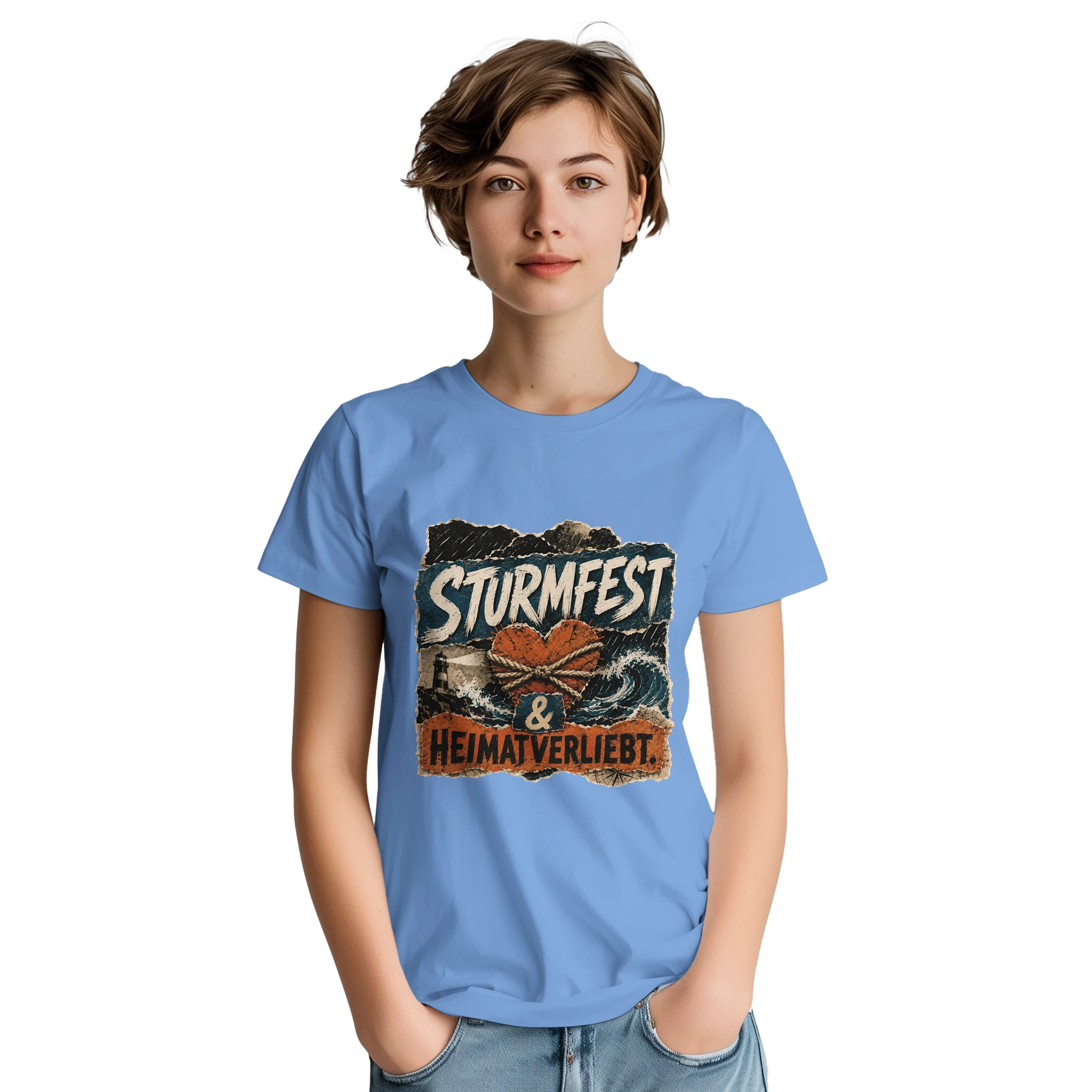 T-Shirt in Sand mit Motiv „Sturmfest & Heimatverliebt.“