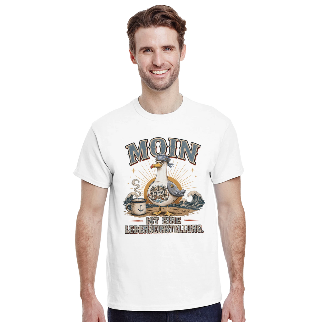 T-Shirt in Sand mit Motiv „Moin ist eine Lebenseinstellung“