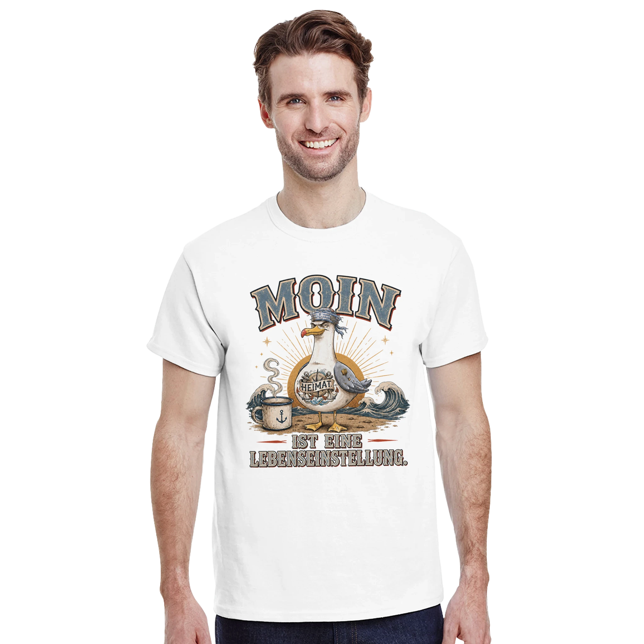 T-Shirt in Sand mit Motiv „Moin ist eine Lebenseinstellung“