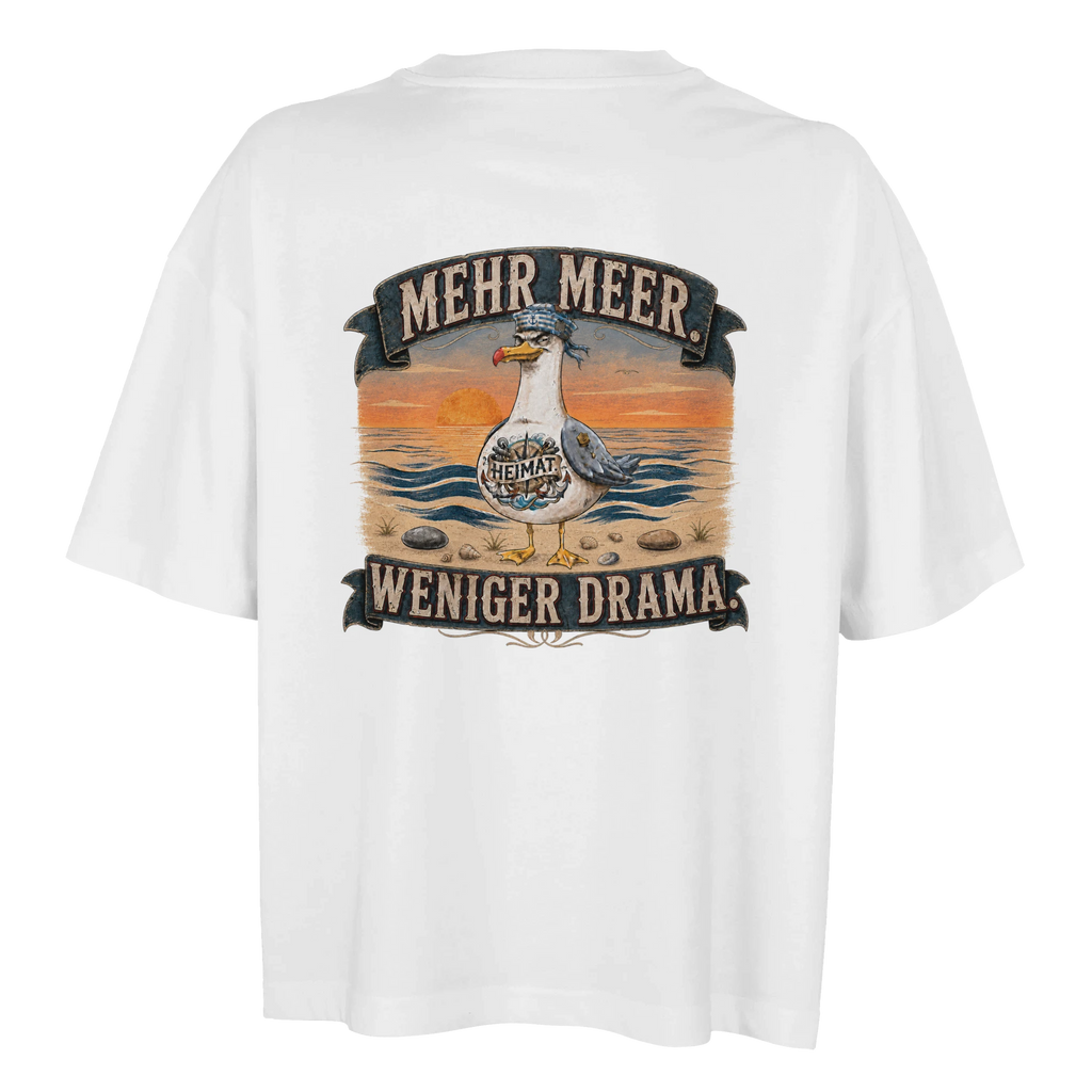 Damen-T-Shirt in Weiß mit Motiv „Mehr Meer. Weniger Drama.“