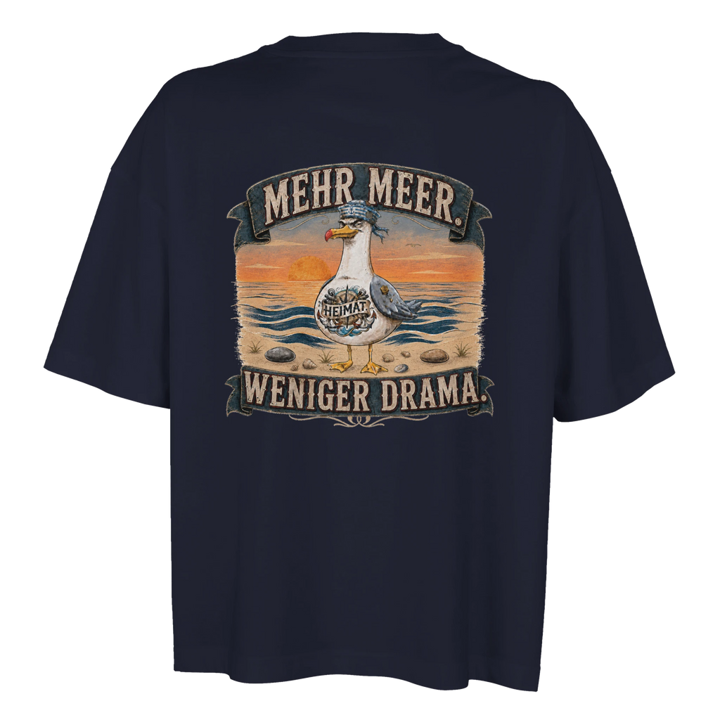 Damen-T-Shirt in Weiß mit Motiv „Mehr Meer. Weniger Drama.“