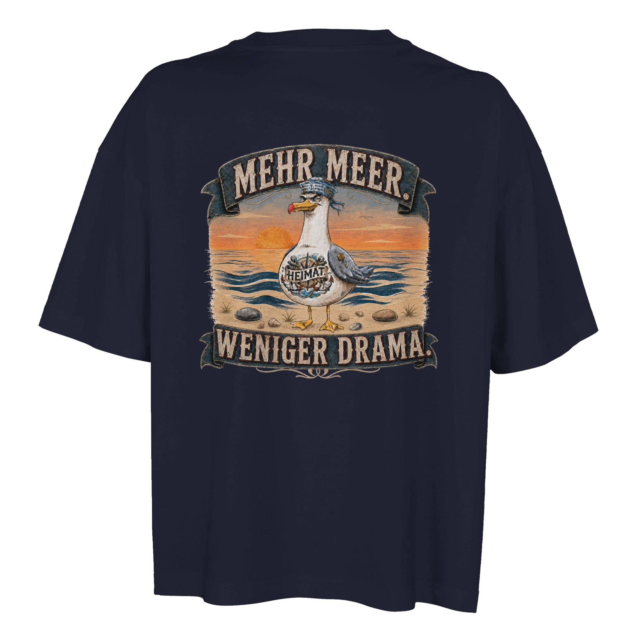 Damen-T-Shirt in Weiß mit Motiv „Mehr Meer. Weniger Drama.“
