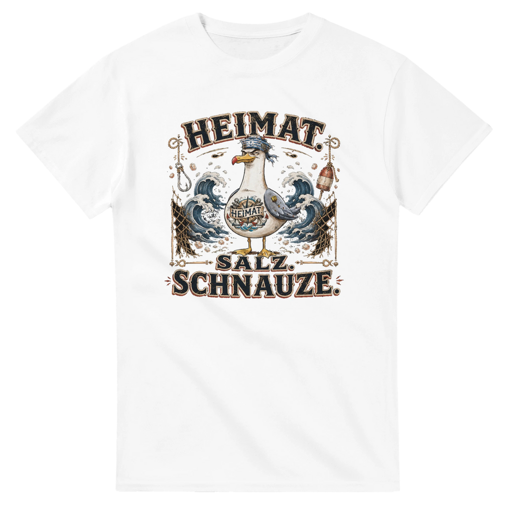 T-Shirt in Weiß mit Motiv „Heimat Salz Schnauze Möwe“