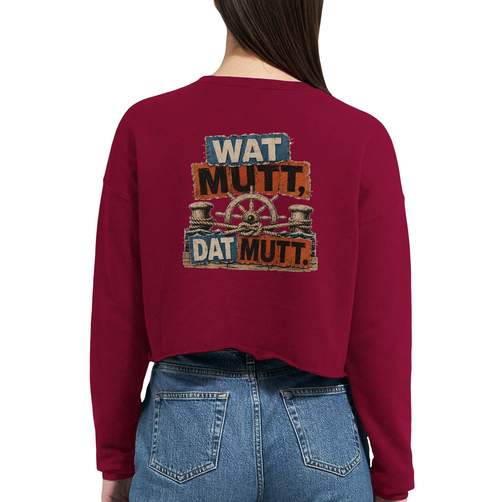Damen-Pullover in Staubblau mit Motiv „Wat Mutt, Dat Mutt.“