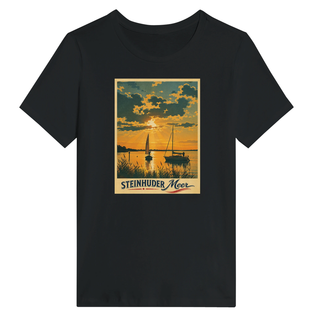Damen-T-Shirt in Weiß mit Motiv „Segler am Steinhuder Meer beim Sunset“