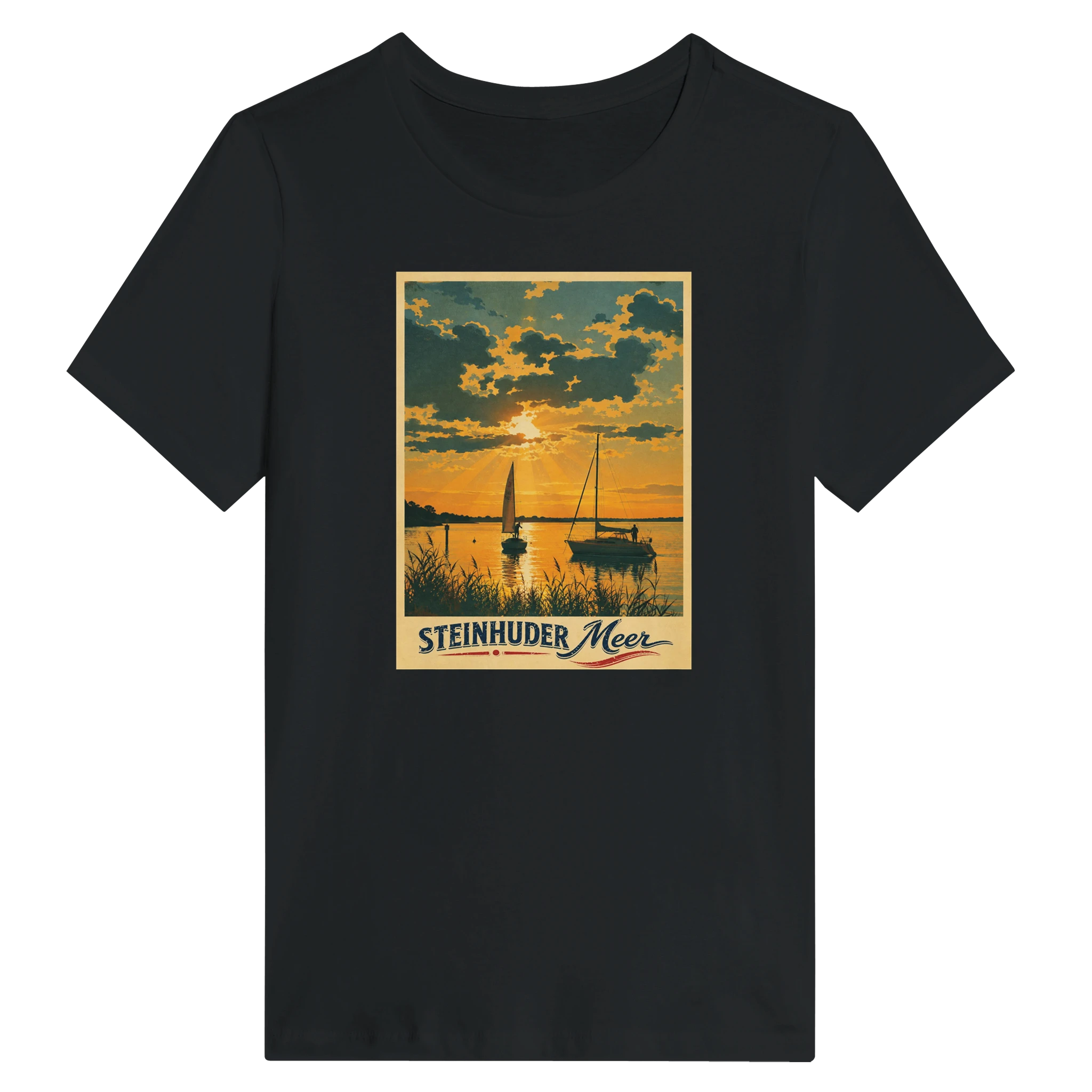 Damen-T-Shirt in Weiß mit Motiv „Segler am Steinhuder Meer beim Sunset“