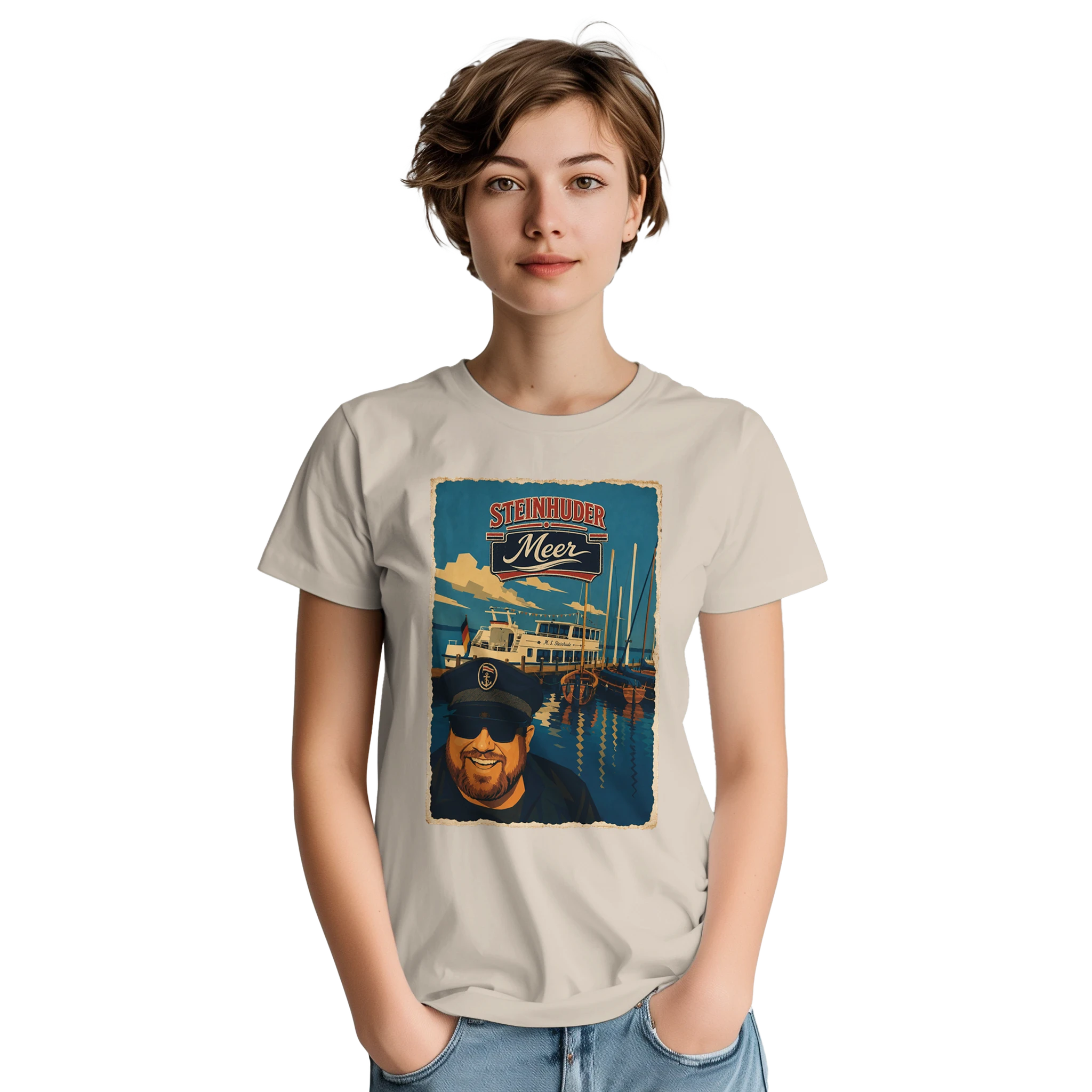 T-Shirt in Natur mit Motiv „Kapitän an Bord“