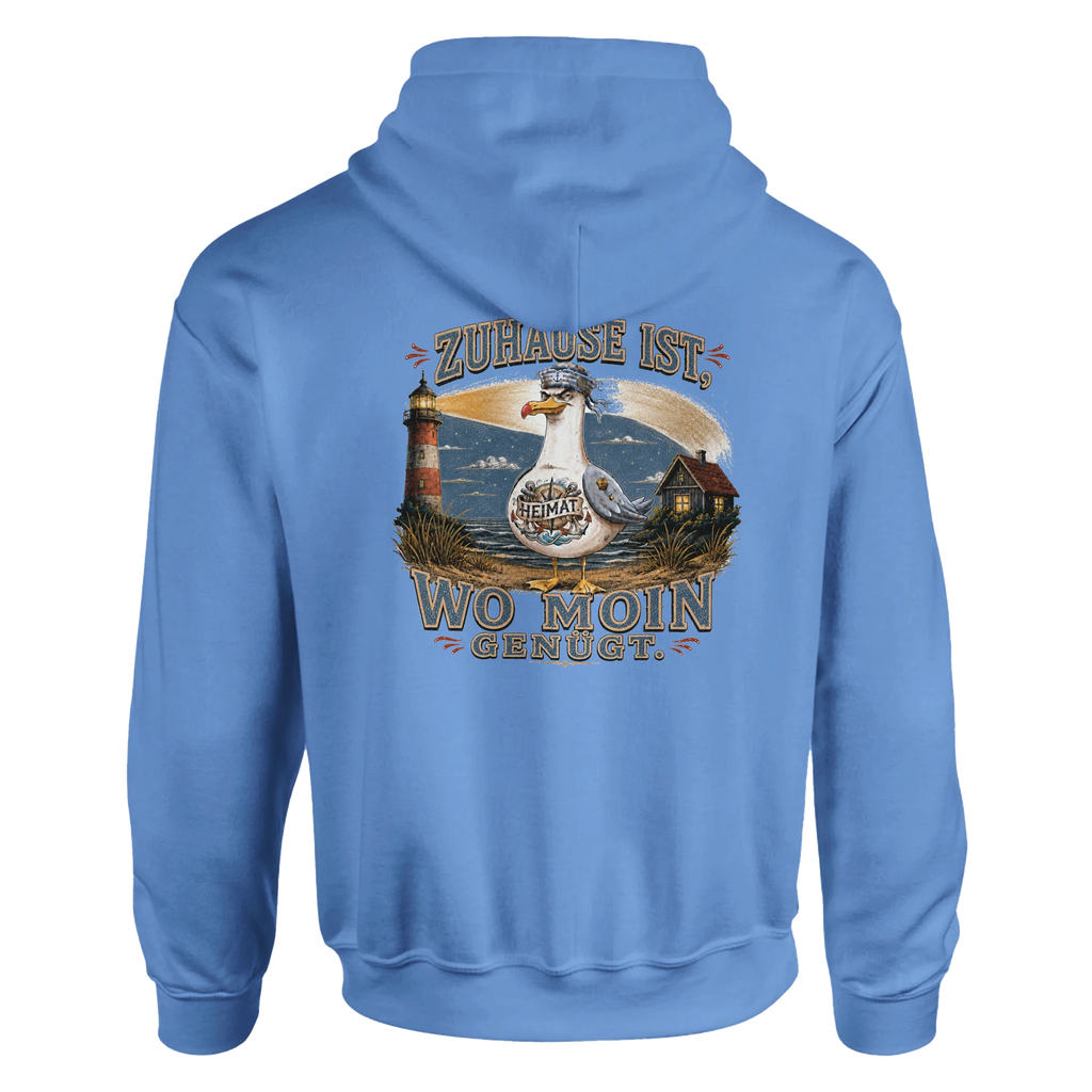 Hoodie in Weiß mit Motiv „Zuhause ist, wo Moin genügt. Möwe“