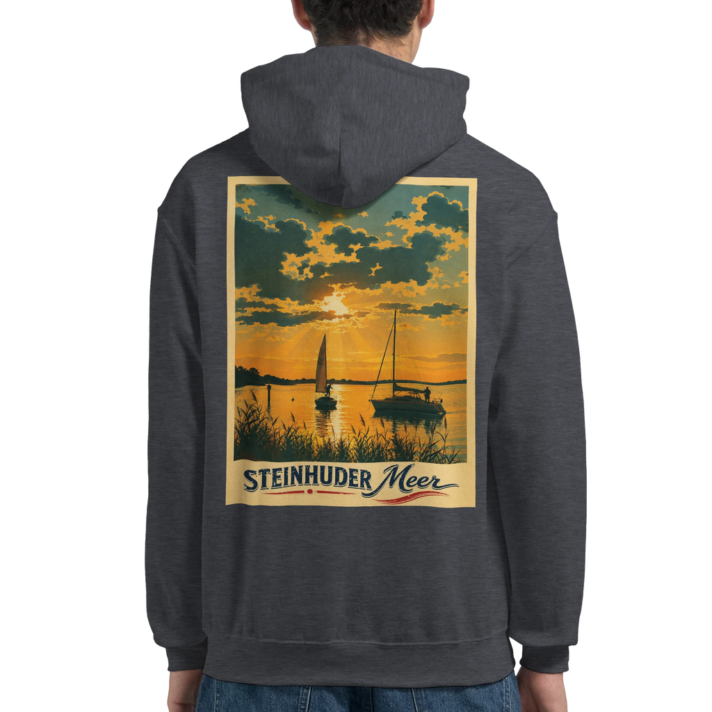 Hoodie in Weiß mit Motiv „Segler am Steinhuder Meer beim Sunset“