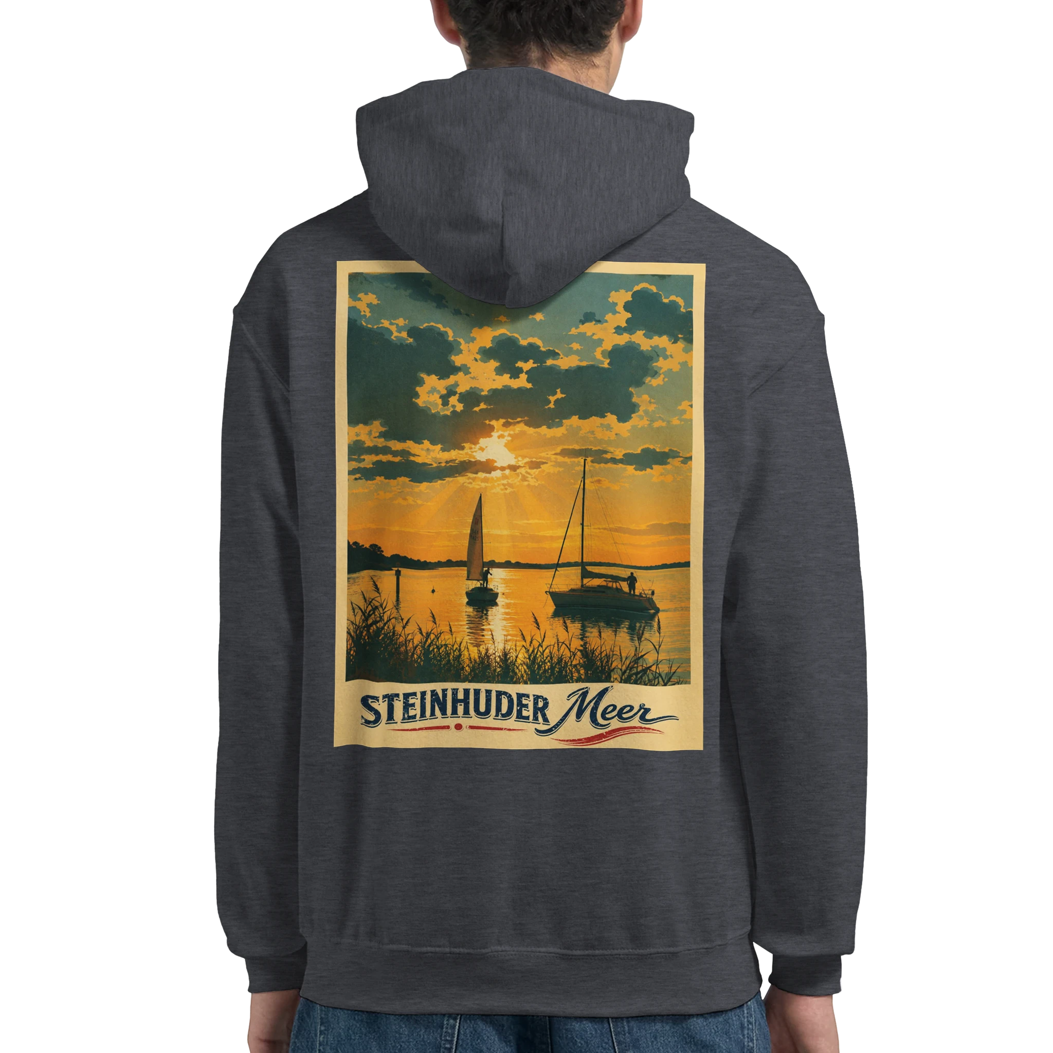 Hoodie in Weiß mit Motiv „Segler am Steinhuder Meer beim Sunset“