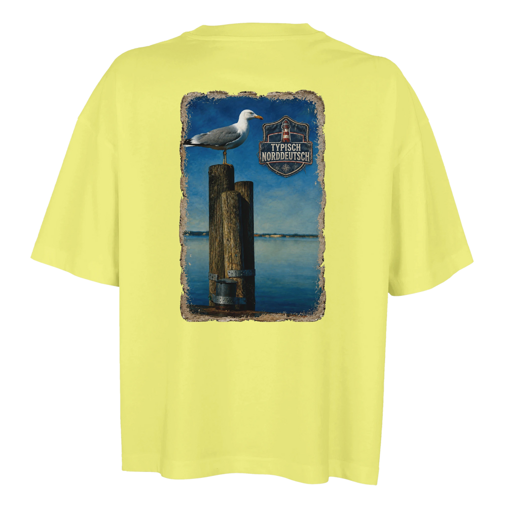 Damen-T-Shirt in Hellgelb mit Motiv „Möwe auf Poller“