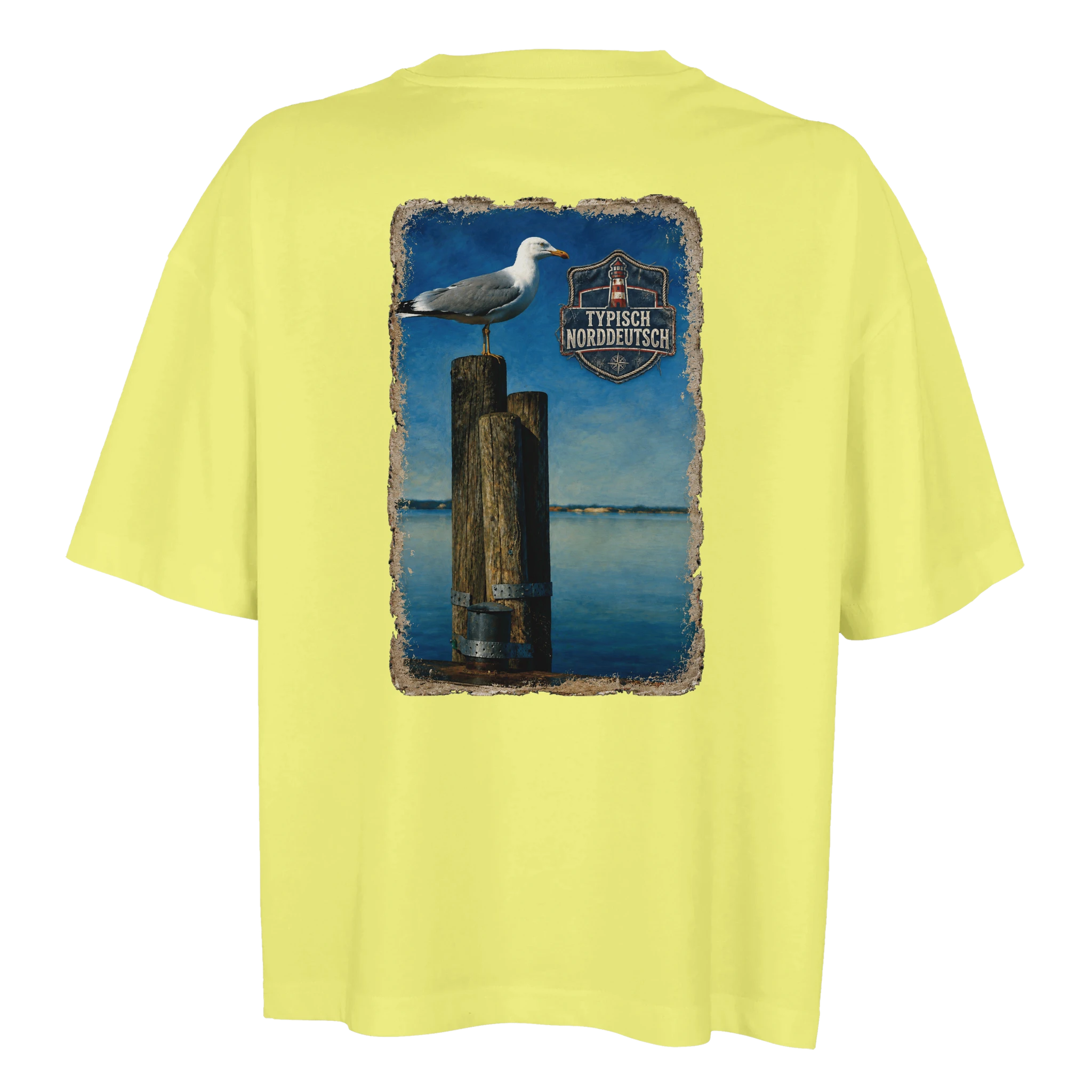 Damen-T-Shirt in Hellgelb mit Motiv „Möwe auf Poller“