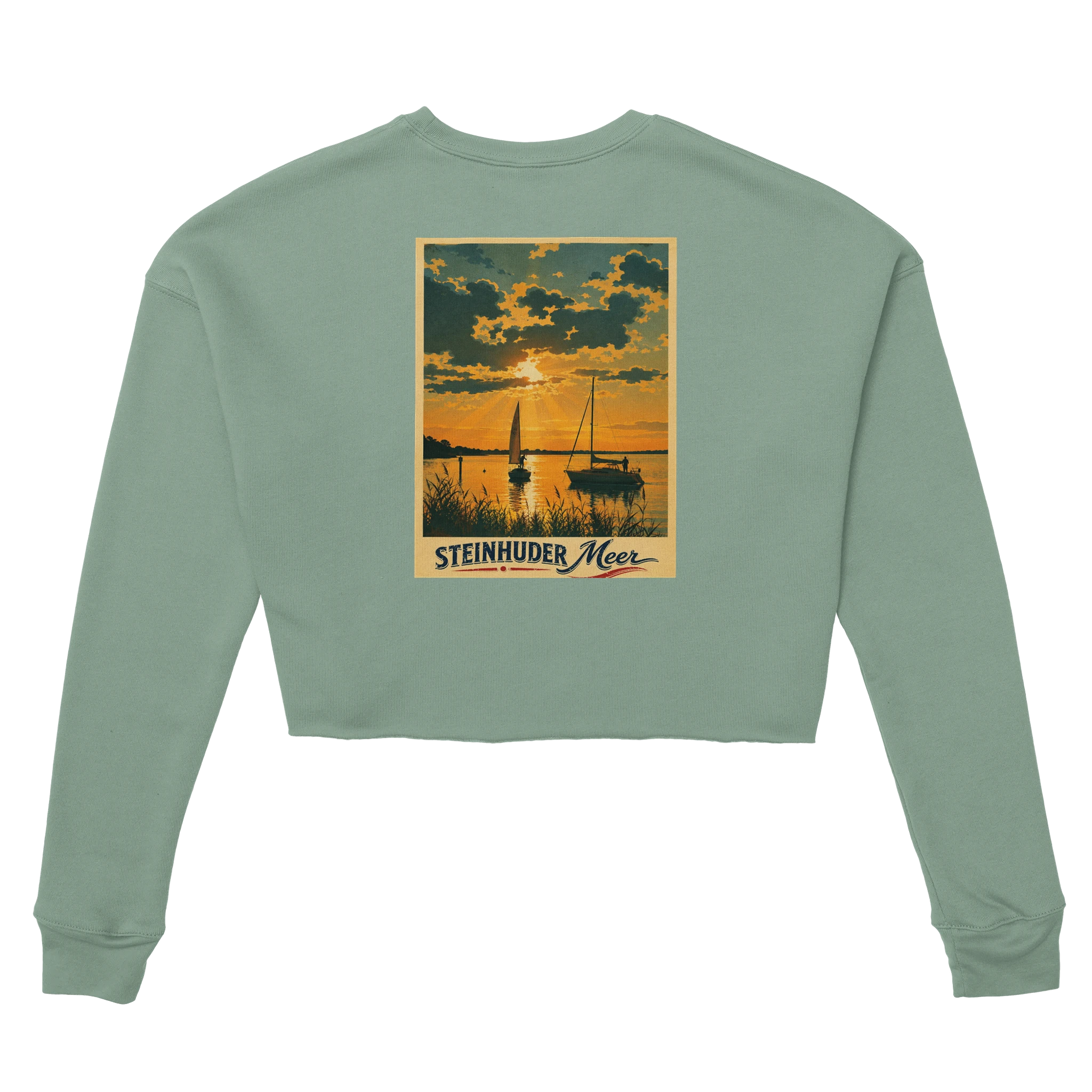 Damen-Pullover in Dunkelgrau meliert mit Motiv „Segler am Steinhuder Meer beim Sunset“