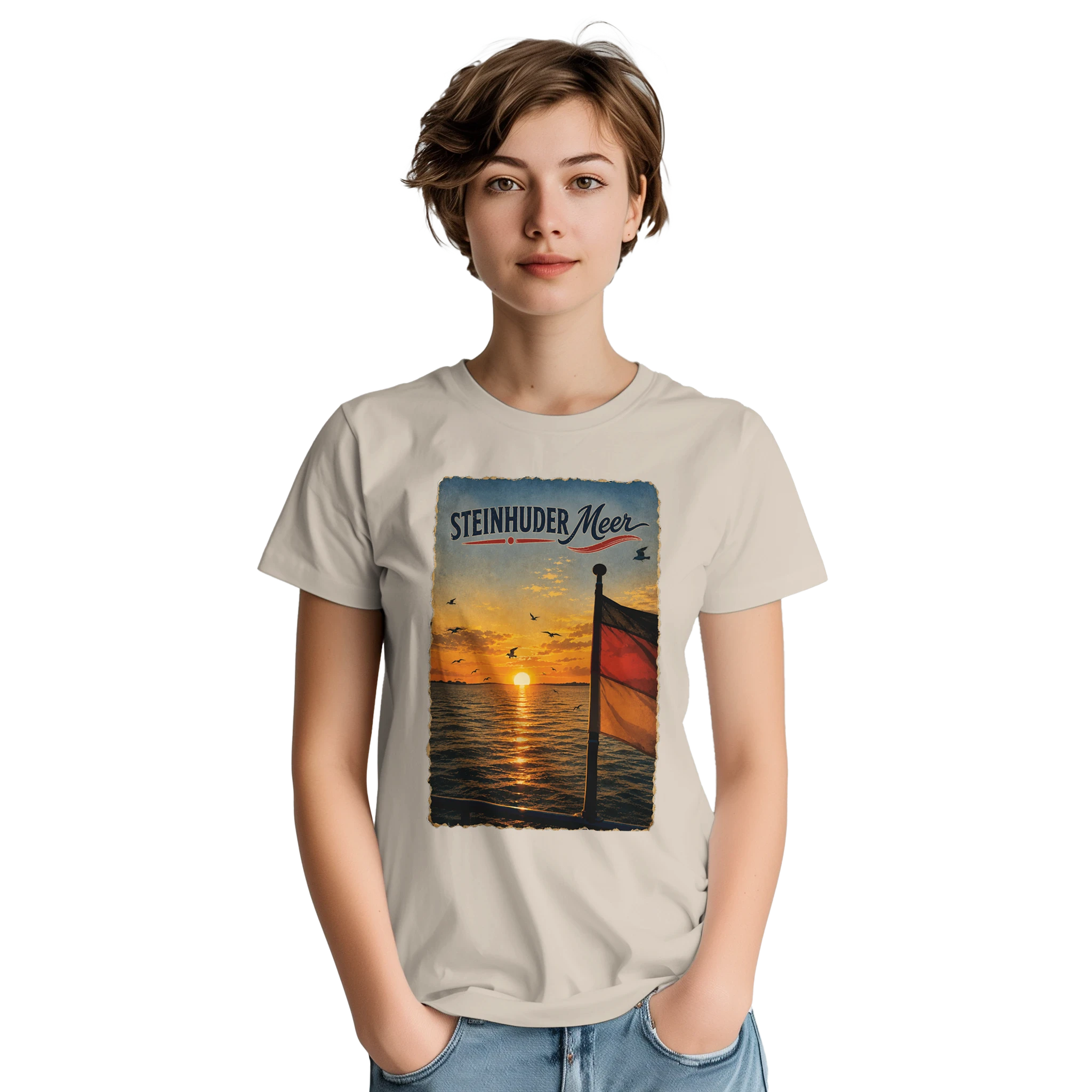 T-Shirt in Sand mit Motiv „Flagge und Sunset“