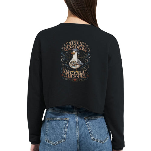 Damen-Pullover in Staubblau mit Motiv „Wind im Gesicht. Heimat im Herzen. Möwe“