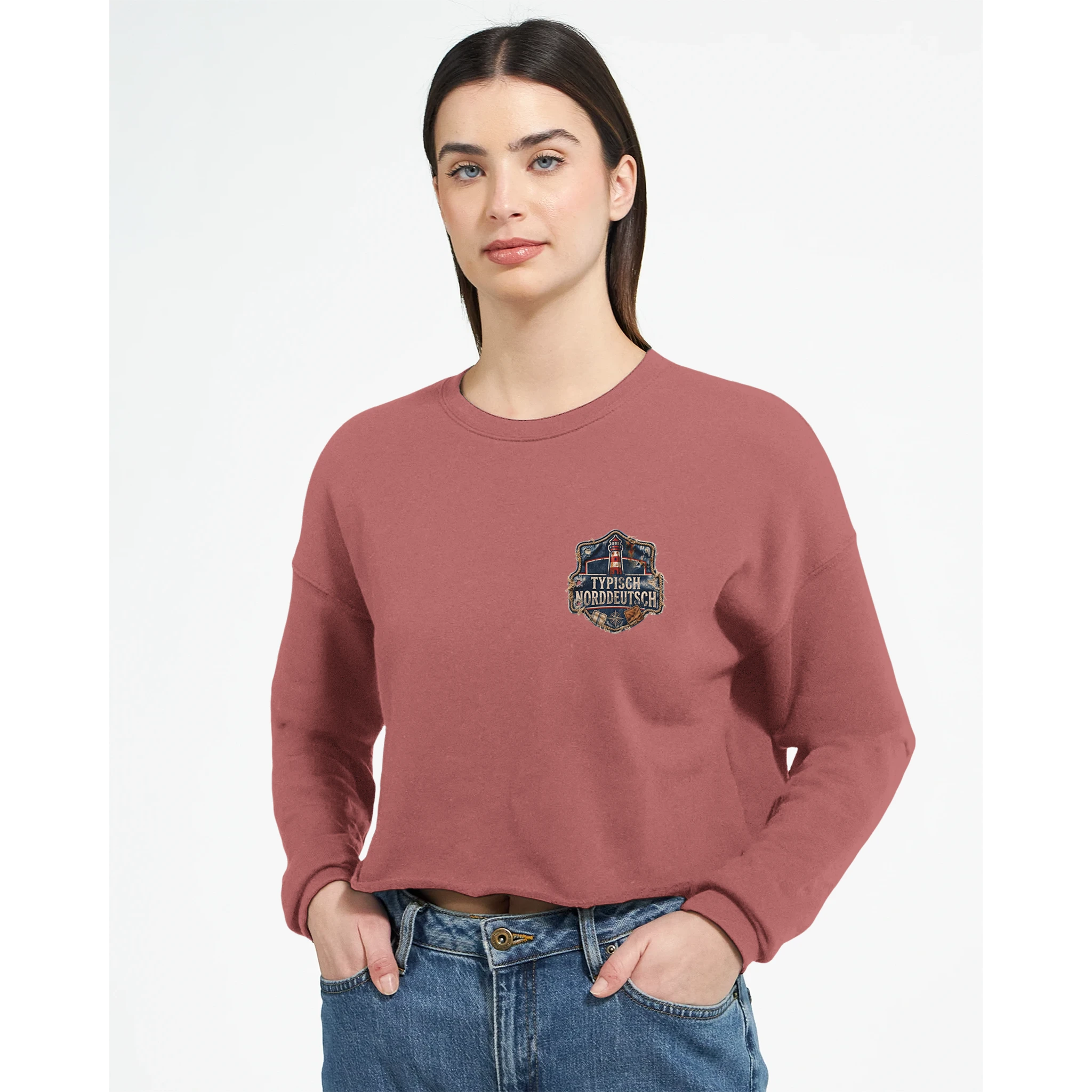 Damen-Pullover in Mauve mit Motiv „Mehr Meer. Weniger Drama.“