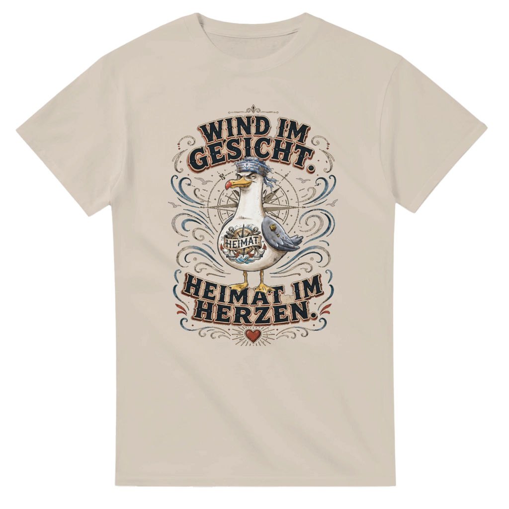 T-Shirt in Natur mit Motiv „Wind im Gesicht. Heimat im Herzen. Möwe“