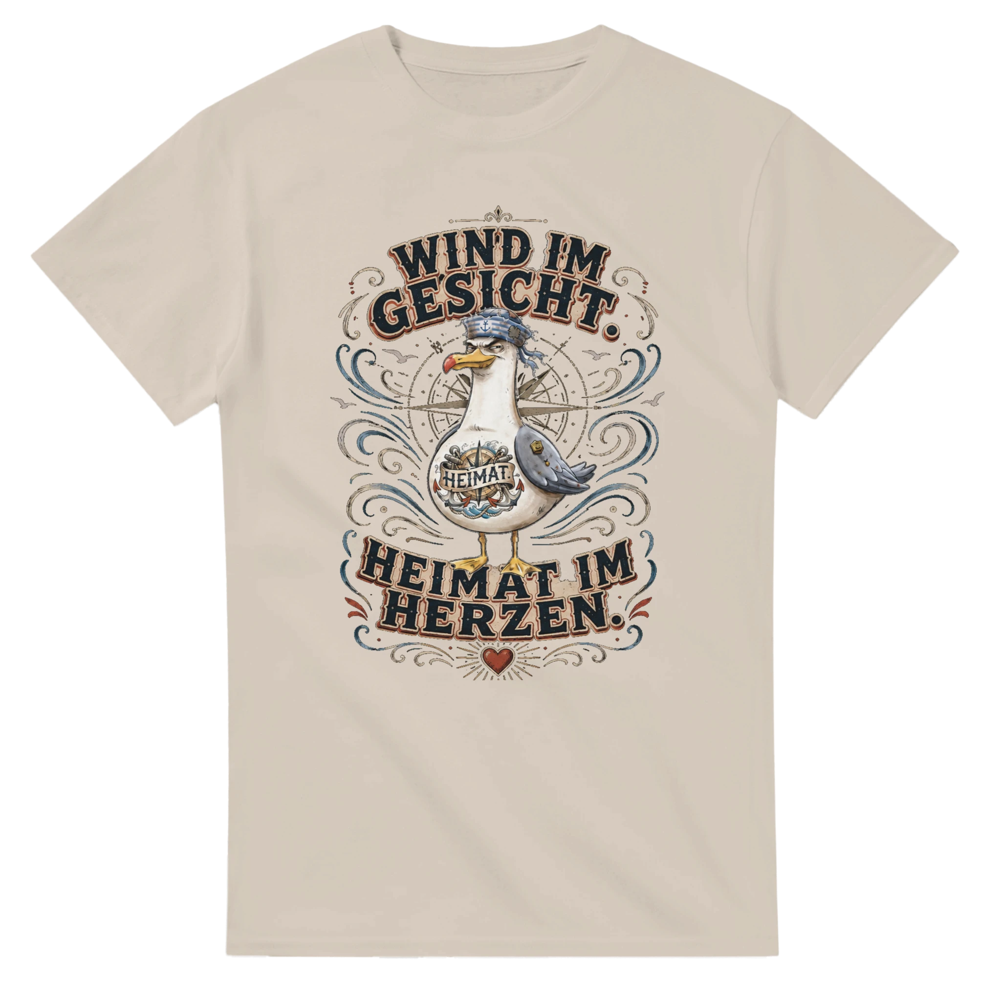 T-Shirt in Natur mit Motiv „Wind im Gesicht. Heimat im Herzen. Möwe“