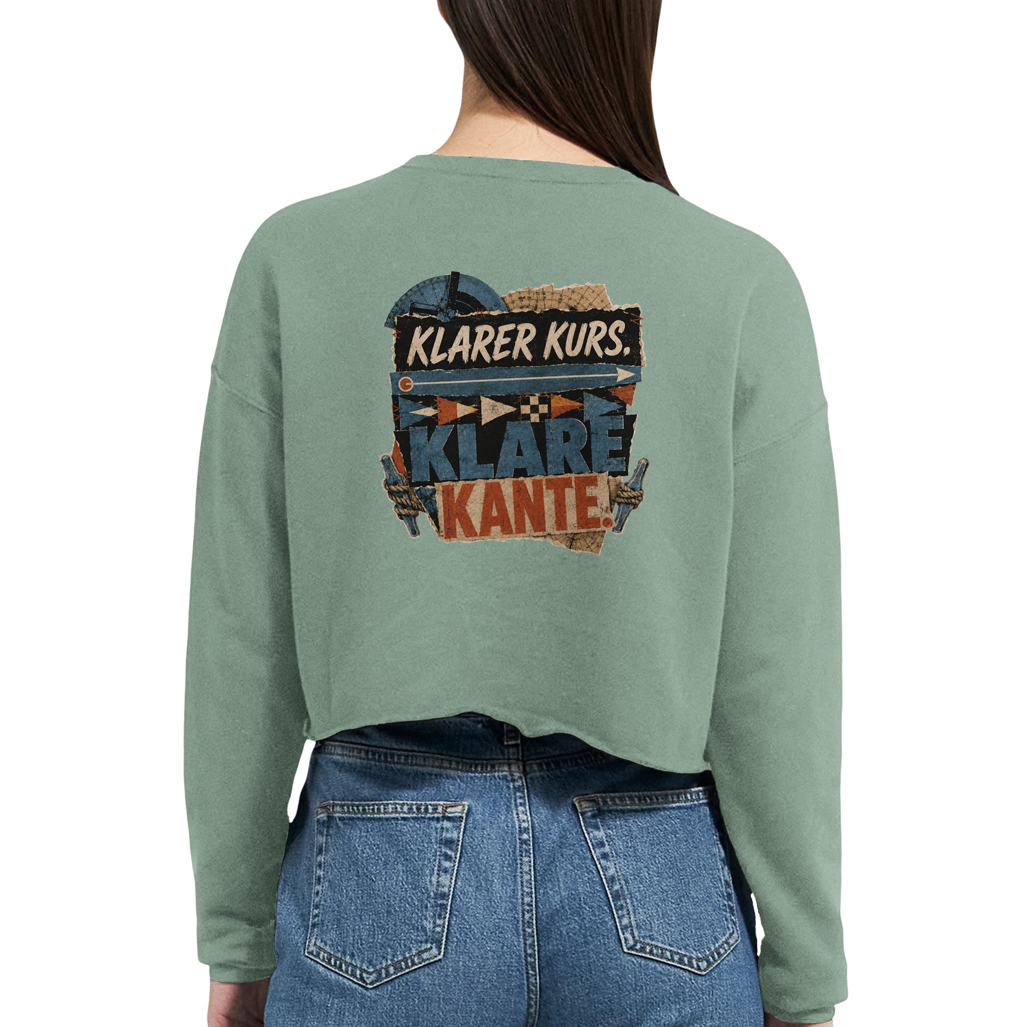 Damen-Pullover in Staubblau mit Motiv „Klarer Kurs. Klare Kante.“