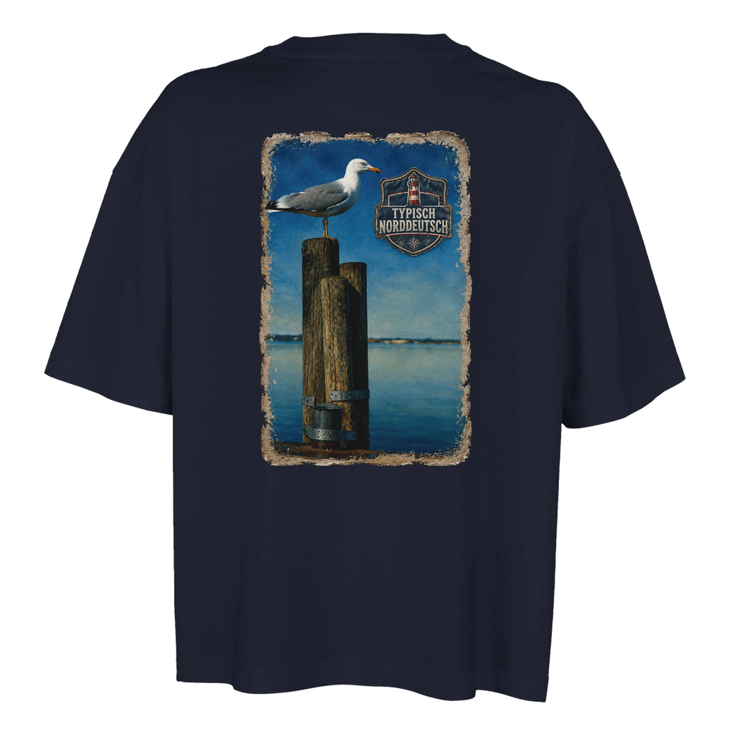 Damen-T-Shirt in Weiß mit Motiv „Möwe auf Poller“