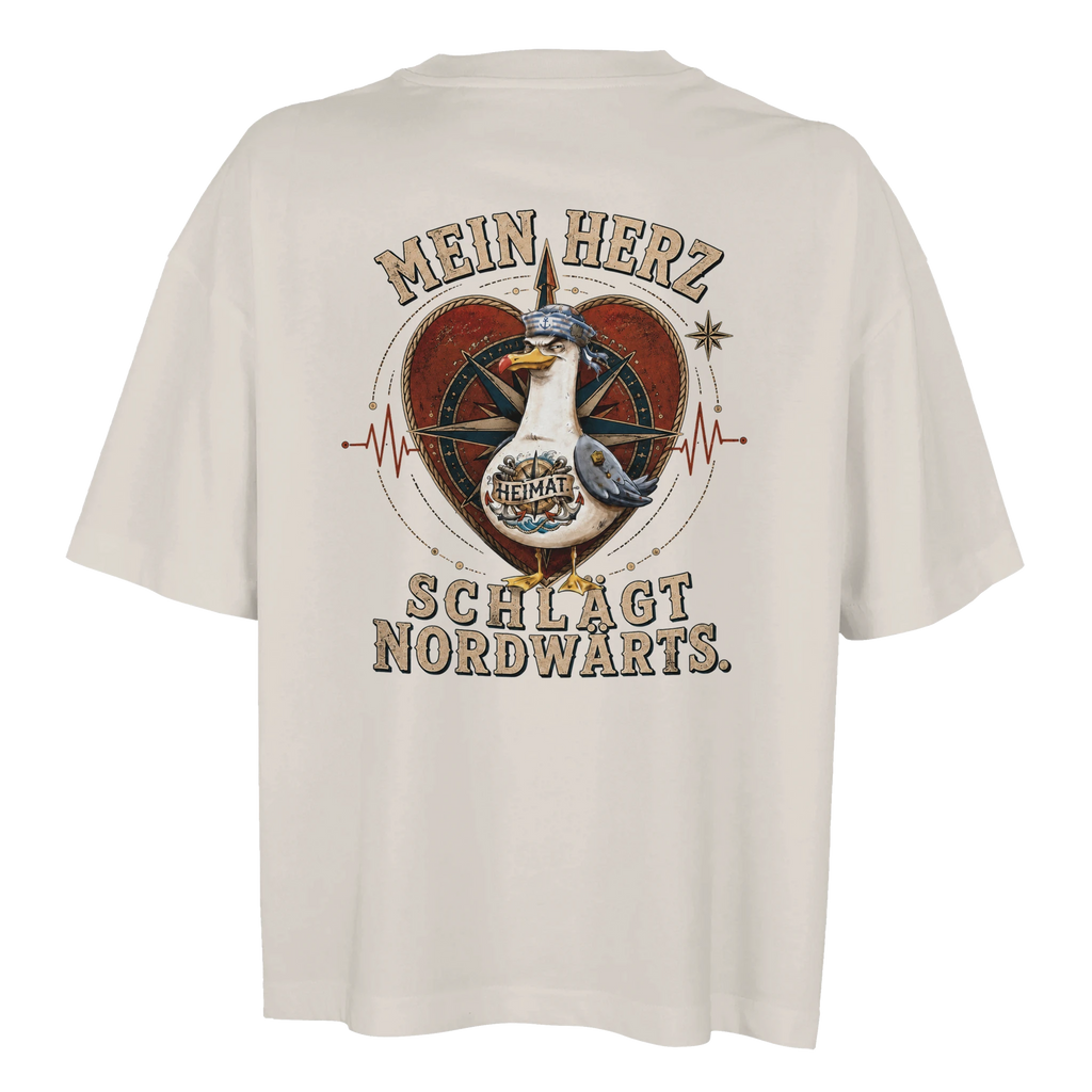Damen-T-Shirt in Weiß mit Motiv „Mein Herz schlägt NORDWÄRTS. Möwe“