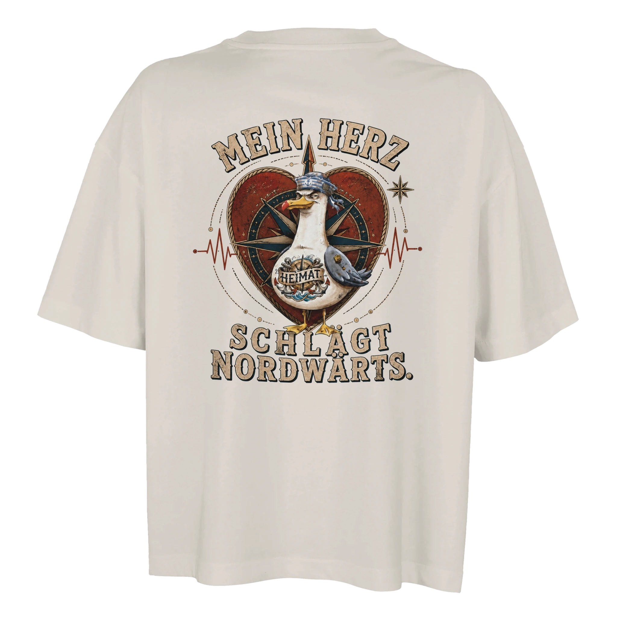 Damen-T-Shirt in Weiß mit Motiv „Mein Herz schlägt NORDWÄRTS. Möwe“