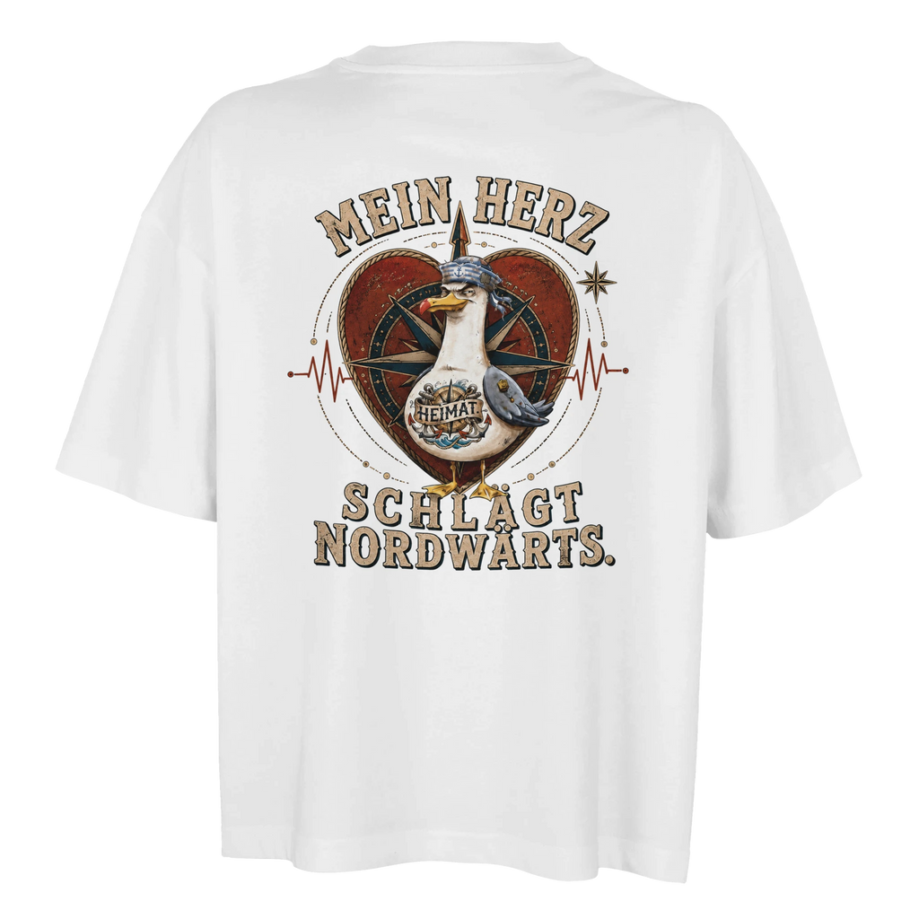 Damen-T-Shirt in Weiß mit Motiv „Mein Herz schlägt NORDWÄRTS. Möwe“