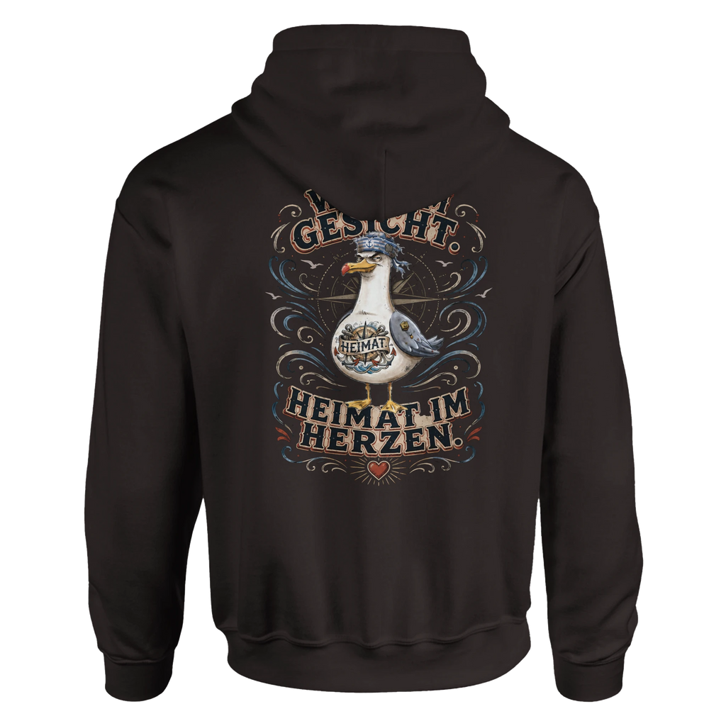 Hoodie in Hellrosa mit Motiv „Wind im Gesicht. Heimat im Herzen. Möwe“