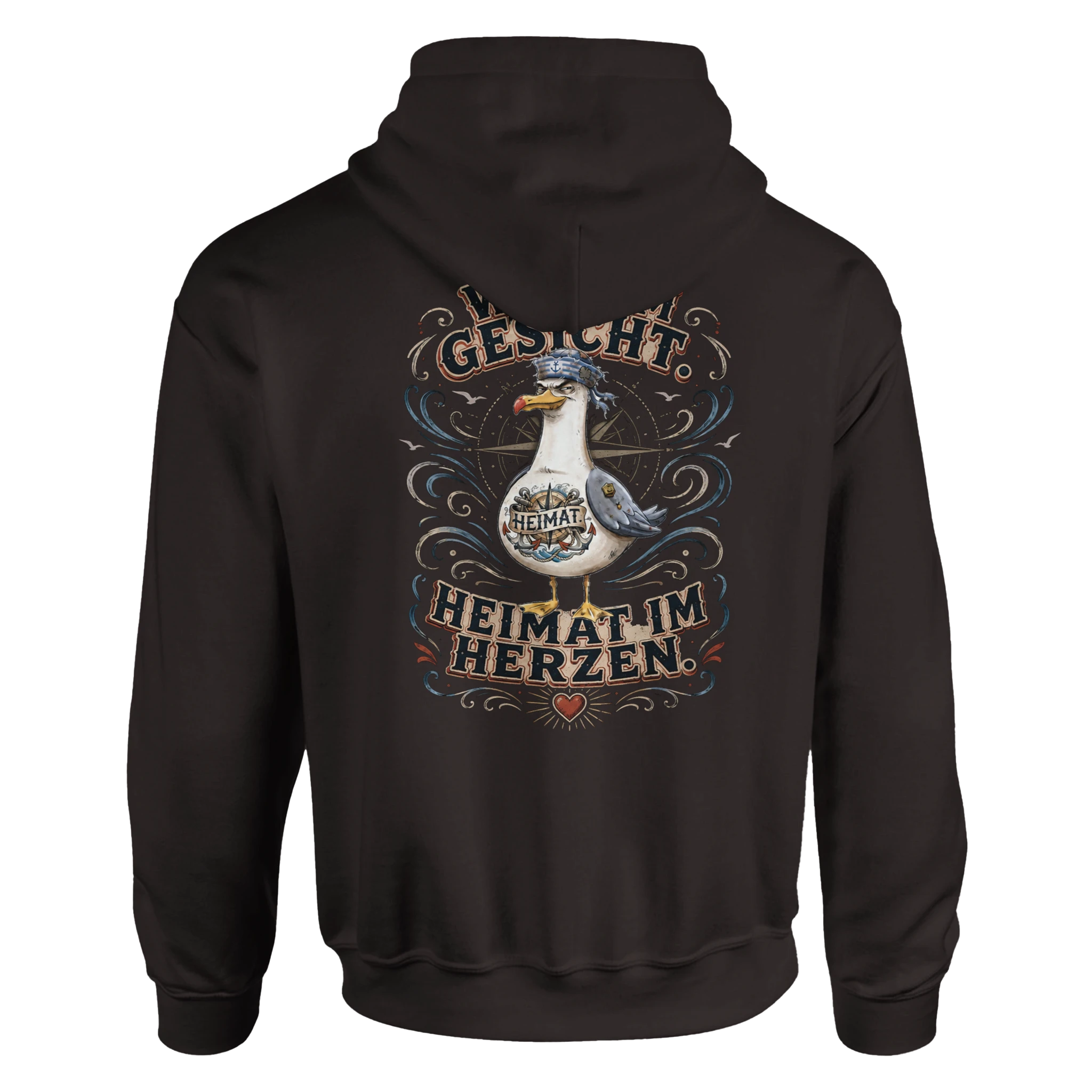 Hoodie in Hellrosa mit Motiv „Wind im Gesicht. Heimat im Herzen. Möwe“