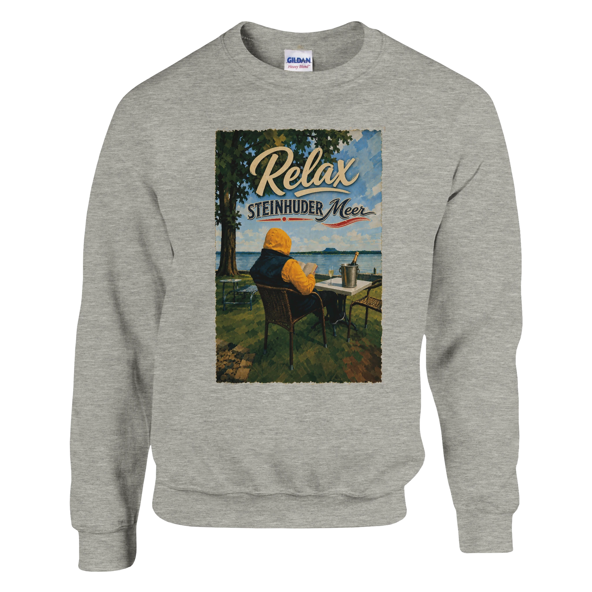 Pullover in Aschgrau mit Motiv „Relax und Champagner“