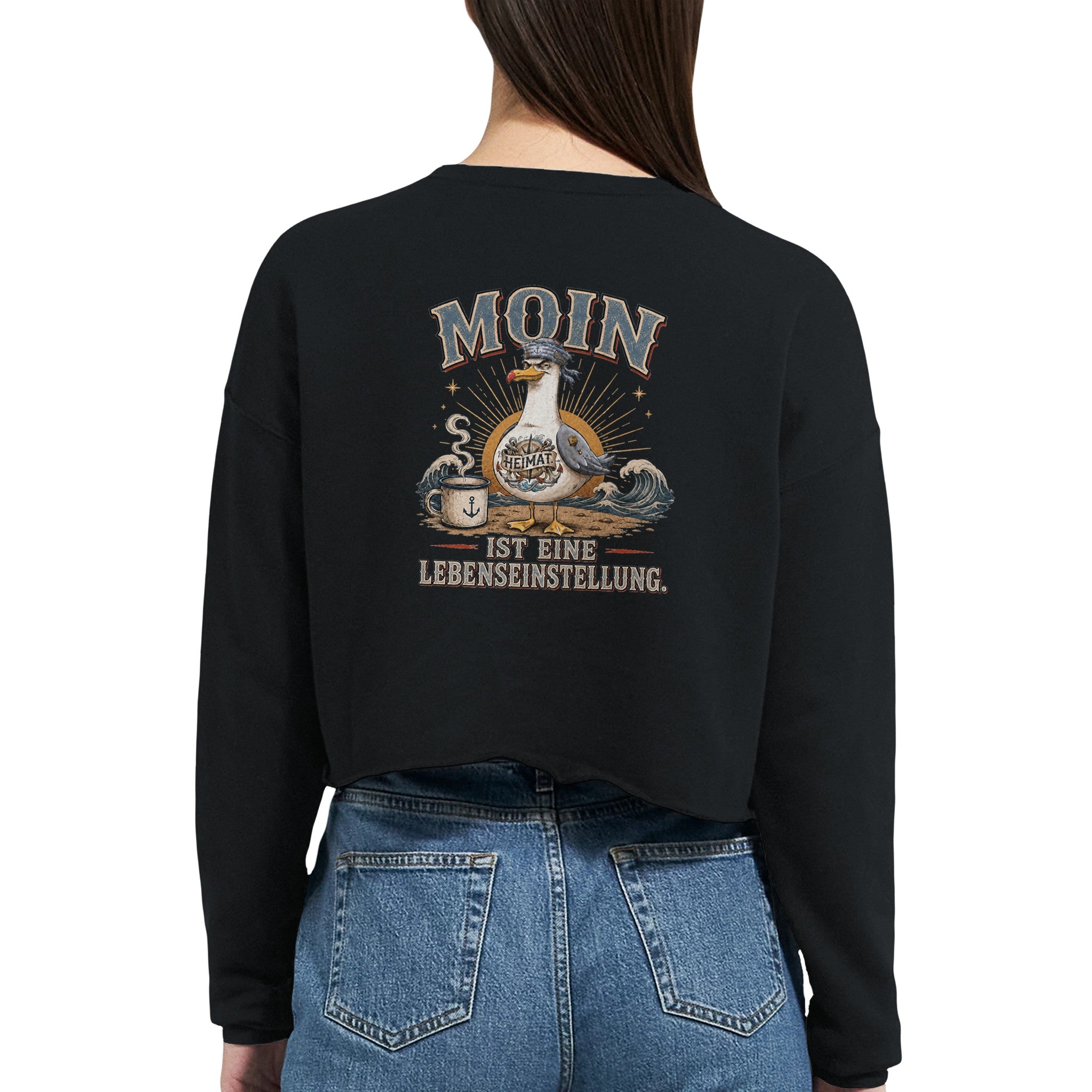 Damen-Pullover in Staubblau mit Motiv „Moin ist eine Lebenseinstellung Möwe“
