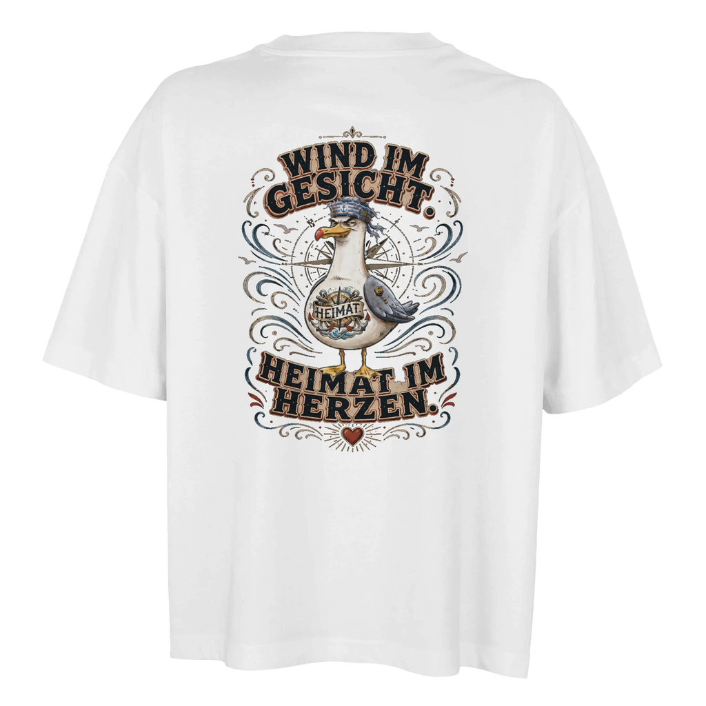 Damen-T-Shirt in Weiß mit Motiv „Wind im Gesicht. Heimat im Herzen. Möwe“