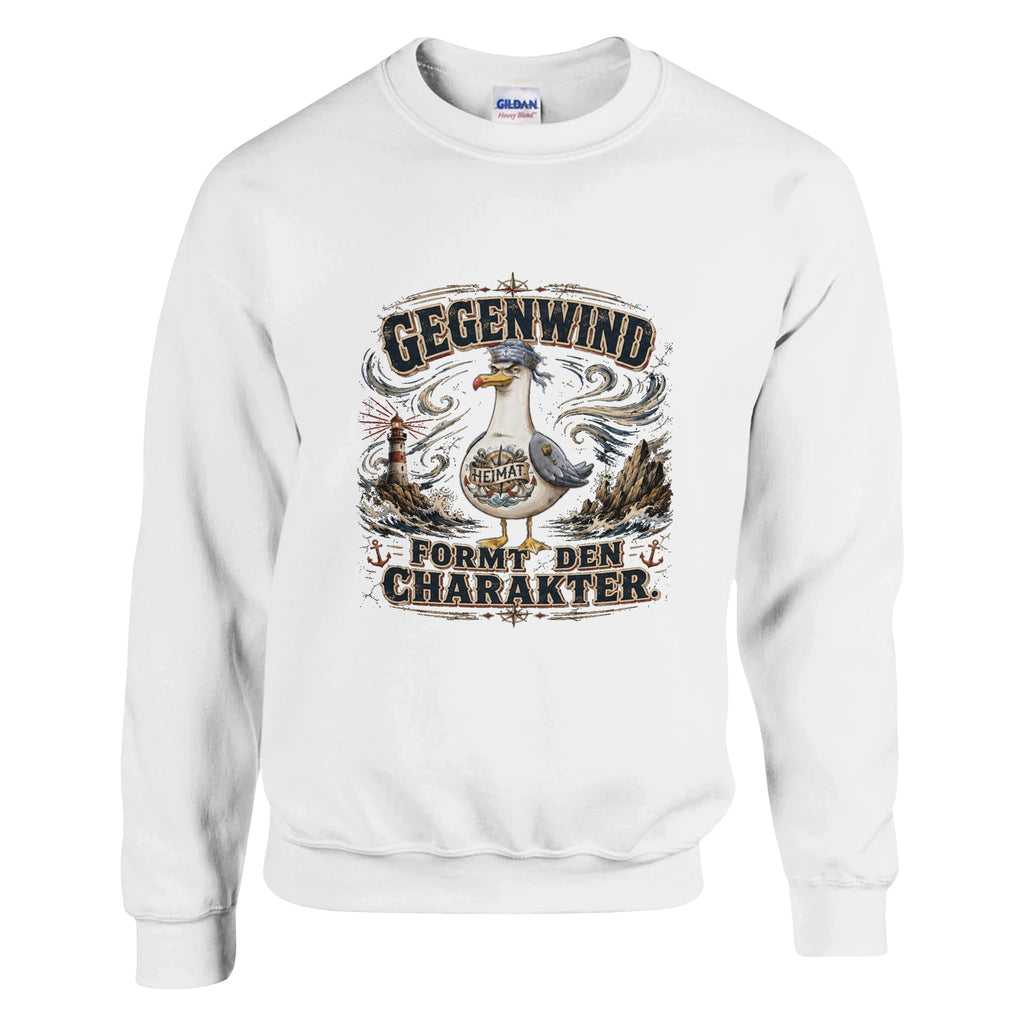 Pullover in Weiß mit Motiv „Gegenwind formt den Charakter“
