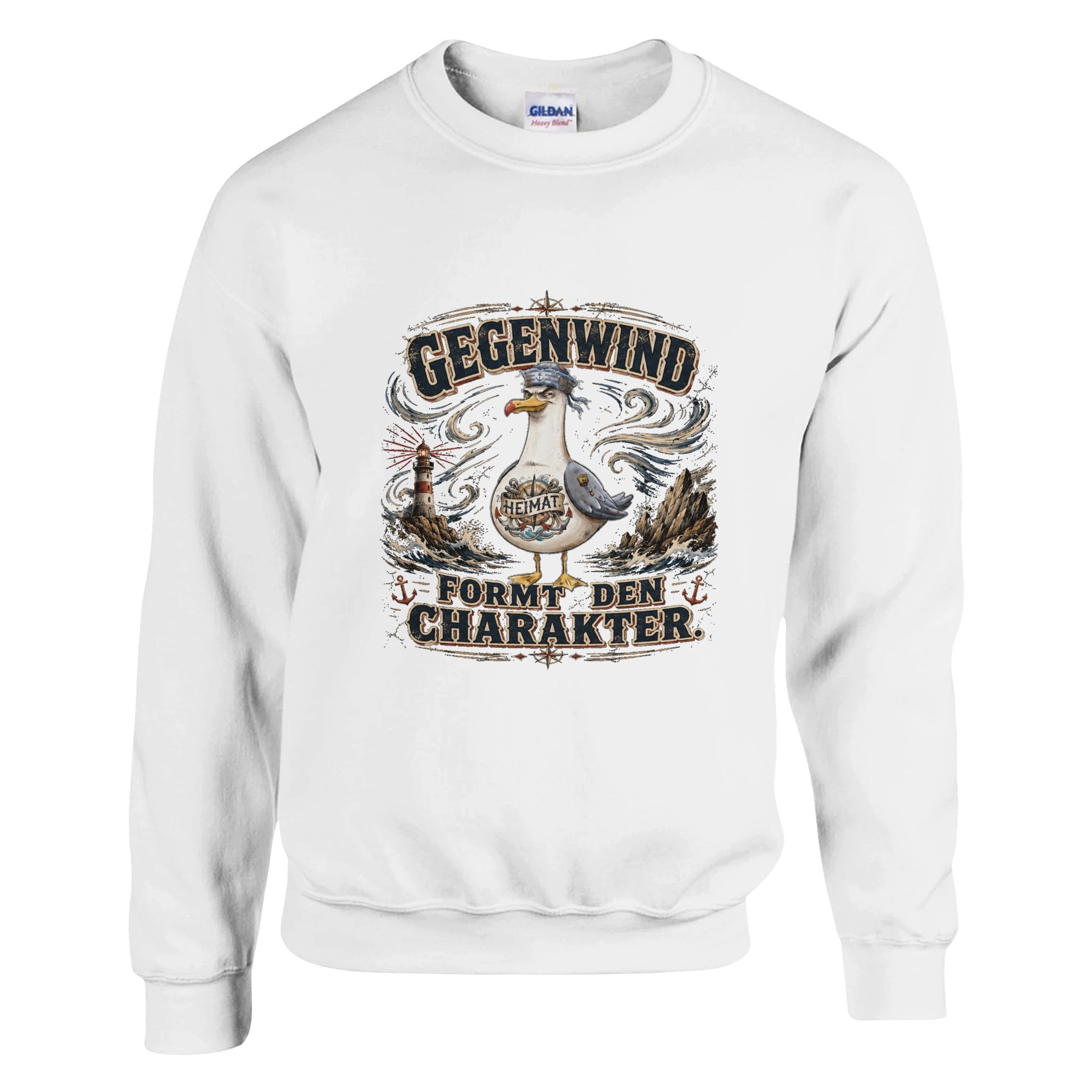 Pullover in Weiß mit Motiv „Gegenwind formt den Charakter“