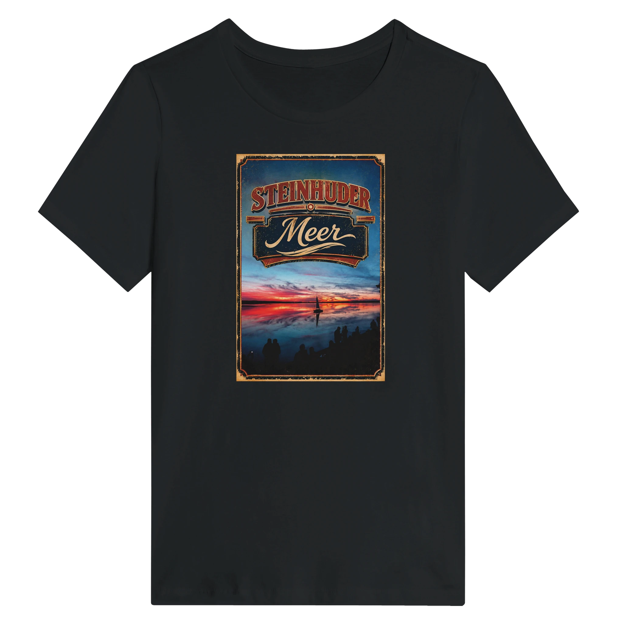 Damen-T-Shirt in Weiß mit Motiv „Sunset mit Segler am Wilhelmstein – Steinhuder Meer“