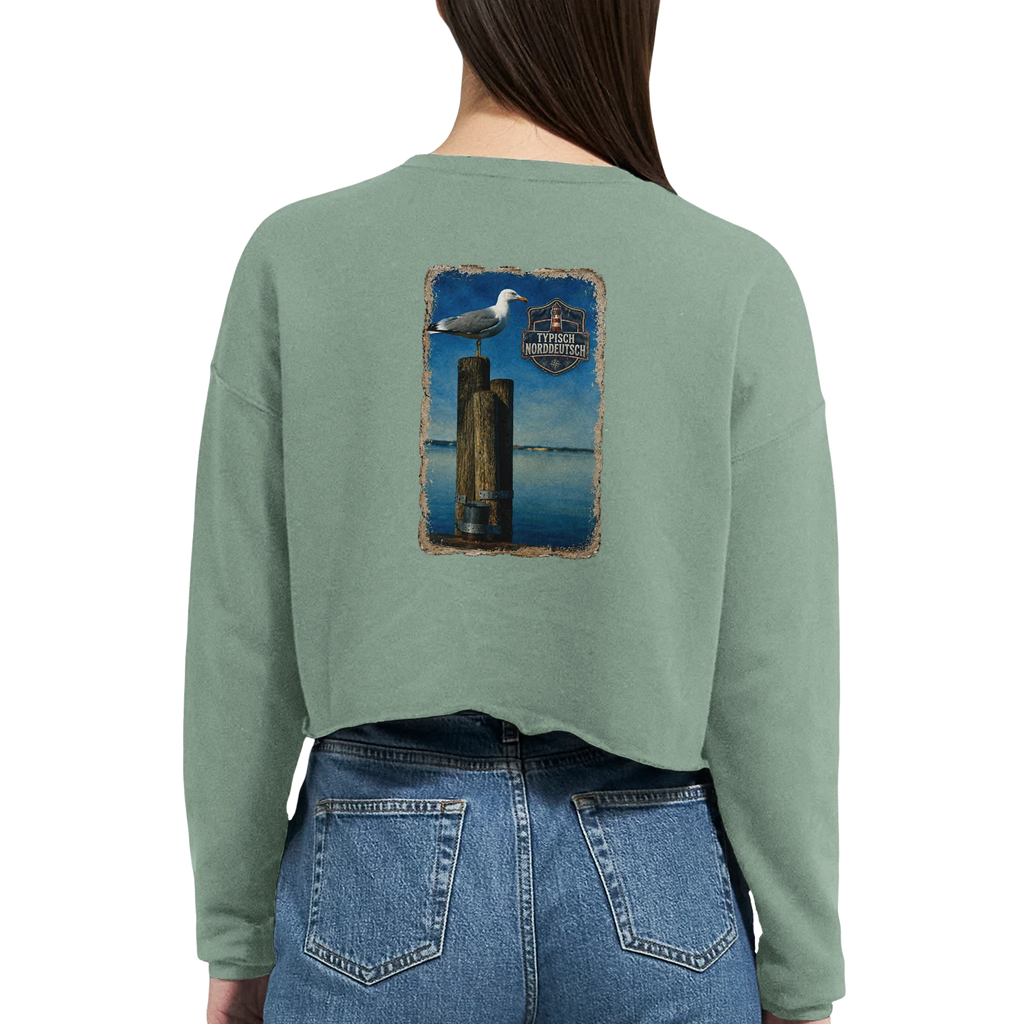 Damen-Pullover in Staubblau mit Motiv „Möwe auf Poller“