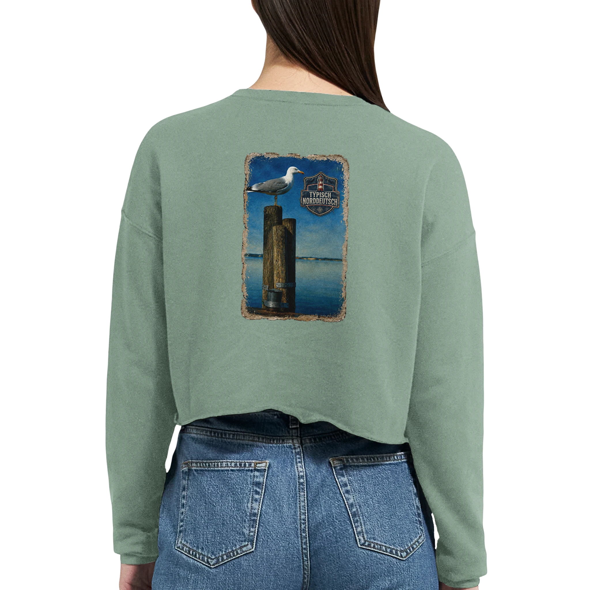 Damen-Pullover in Staubblau mit Motiv „Möwe auf Poller“