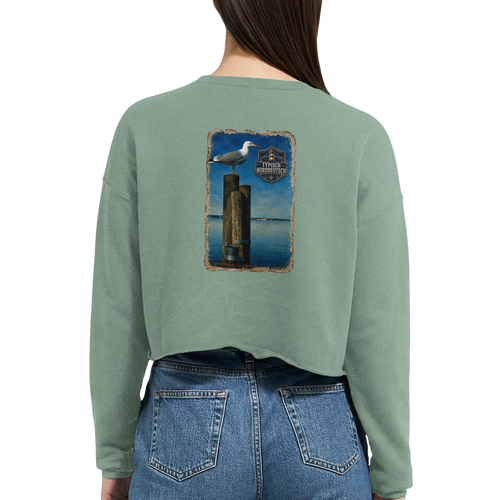 Damen-Pullover in Staubblau mit Motiv „Möwe auf Poller“