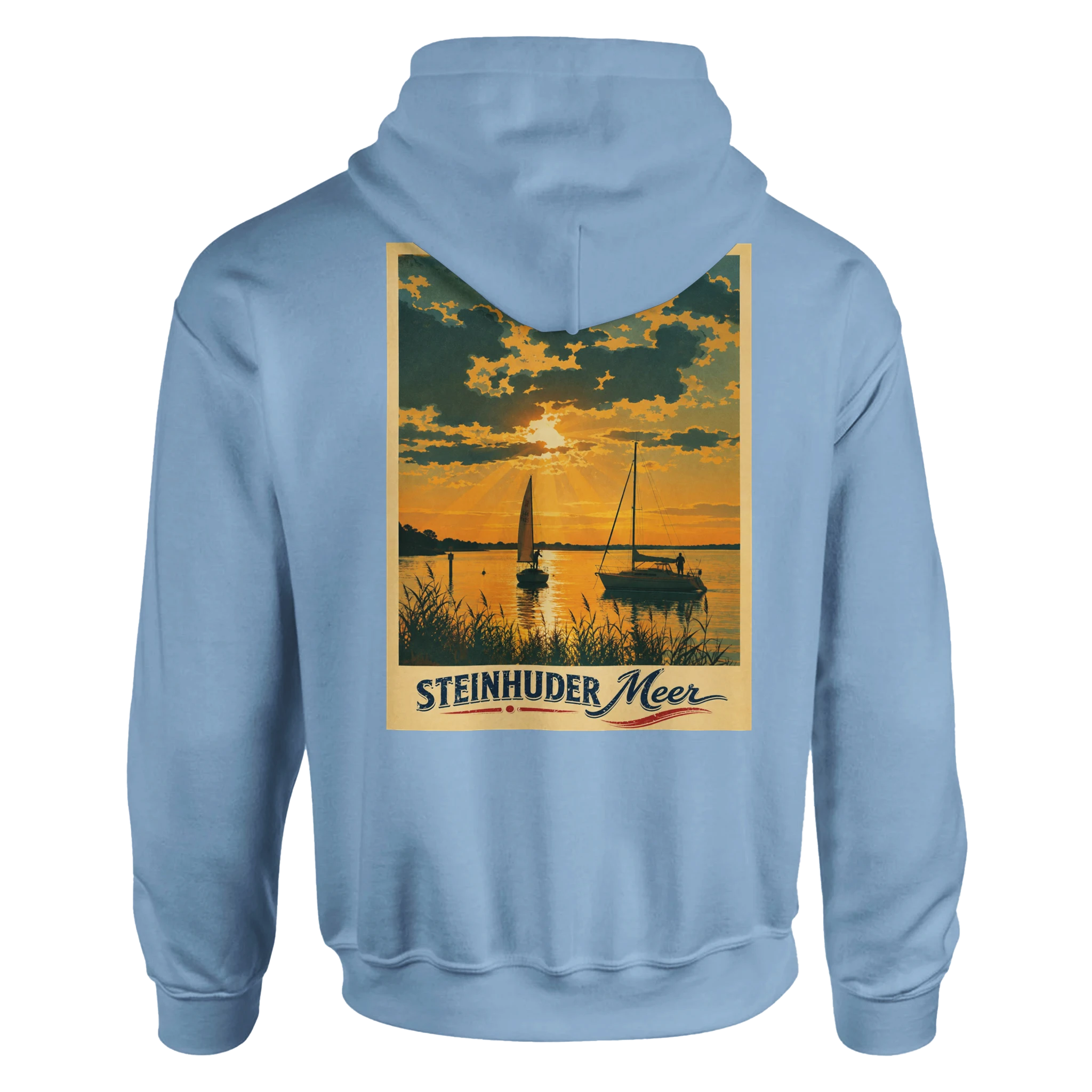 Hoodie in Aschgrau mit Motiv „Segler am Steinhuder Meer beim Sunset“