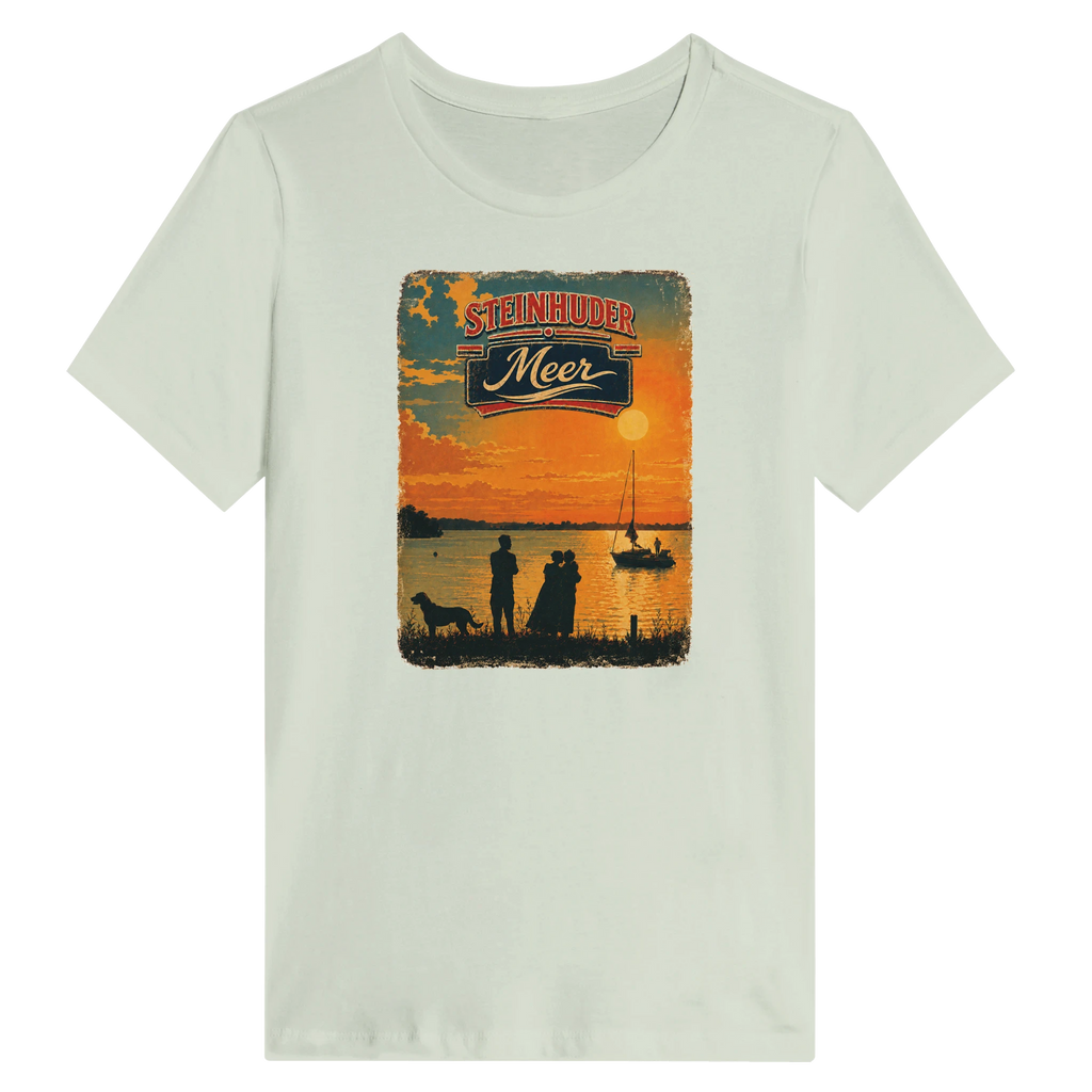 Damen-T-Shirt in Weiß mit Motiv „Familie am Steinhuder Meer beim Sunset“