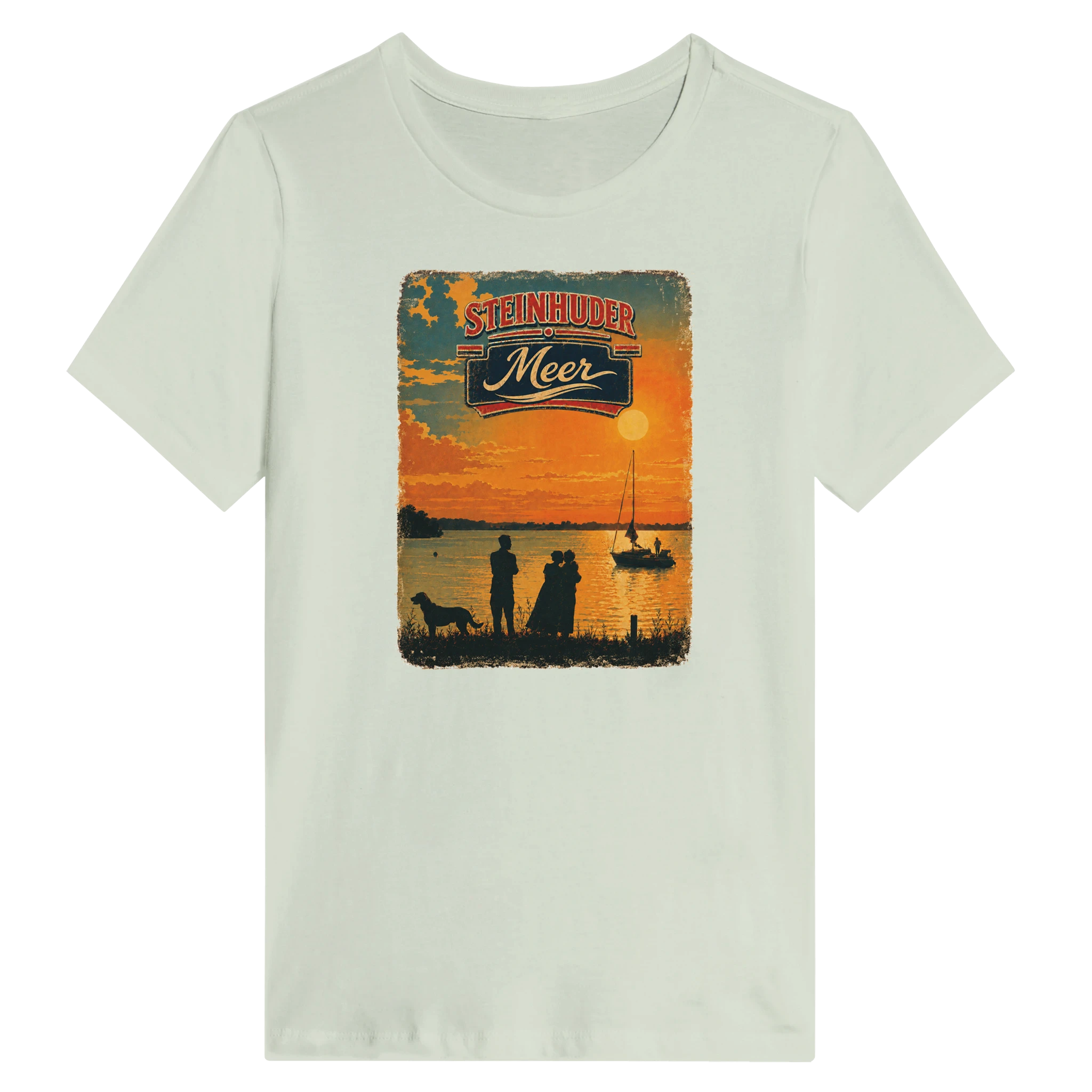 Damen-T-Shirt in Weiß mit Motiv „Familie am Steinhuder Meer beim Sunset“
