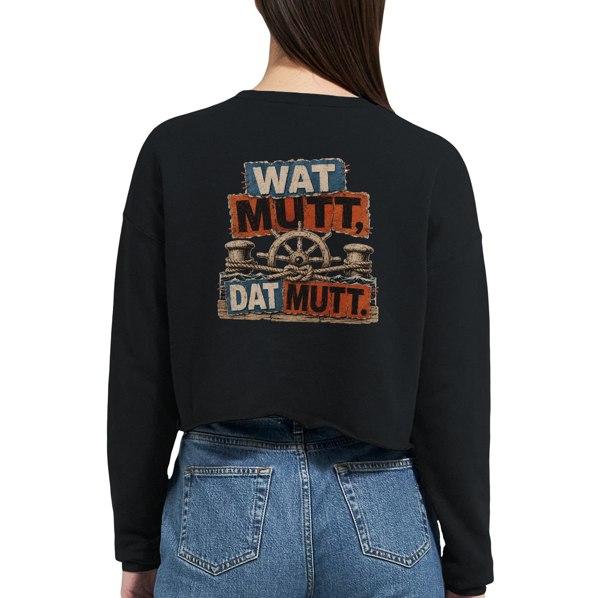 Damen-Pullover in Staubblau mit Motiv „Wat Mutt, Dat Mutt.“