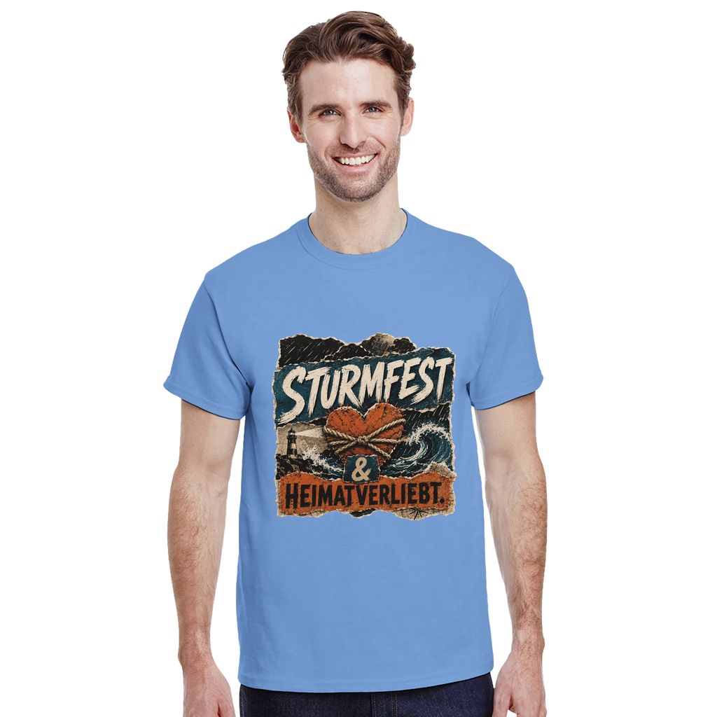 T-Shirt in Sand mit Motiv „Sturmfest & Heimatverliebt.“
