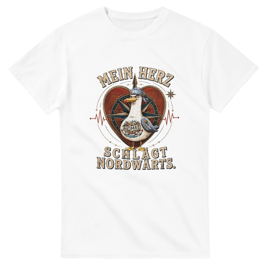 T-Shirt in Weiß mit Motiv „Mein Herz schlägt NORDWÄRTS. Möwe“